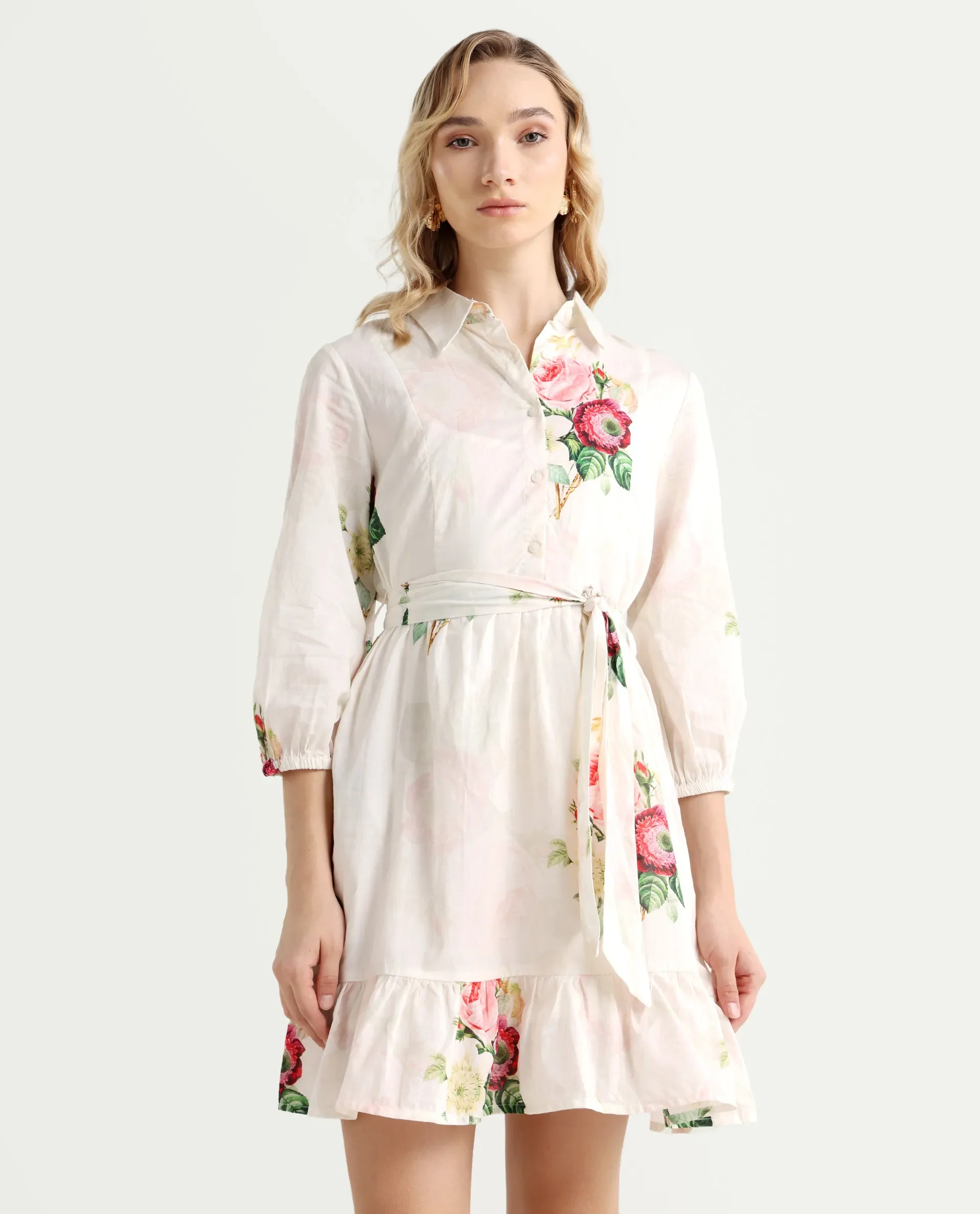 Rareism Women's Blecki Off White Cotton Drop Collar Floral Print Cuffed Sleeve Mini Fit And Flare Dress - Image 3