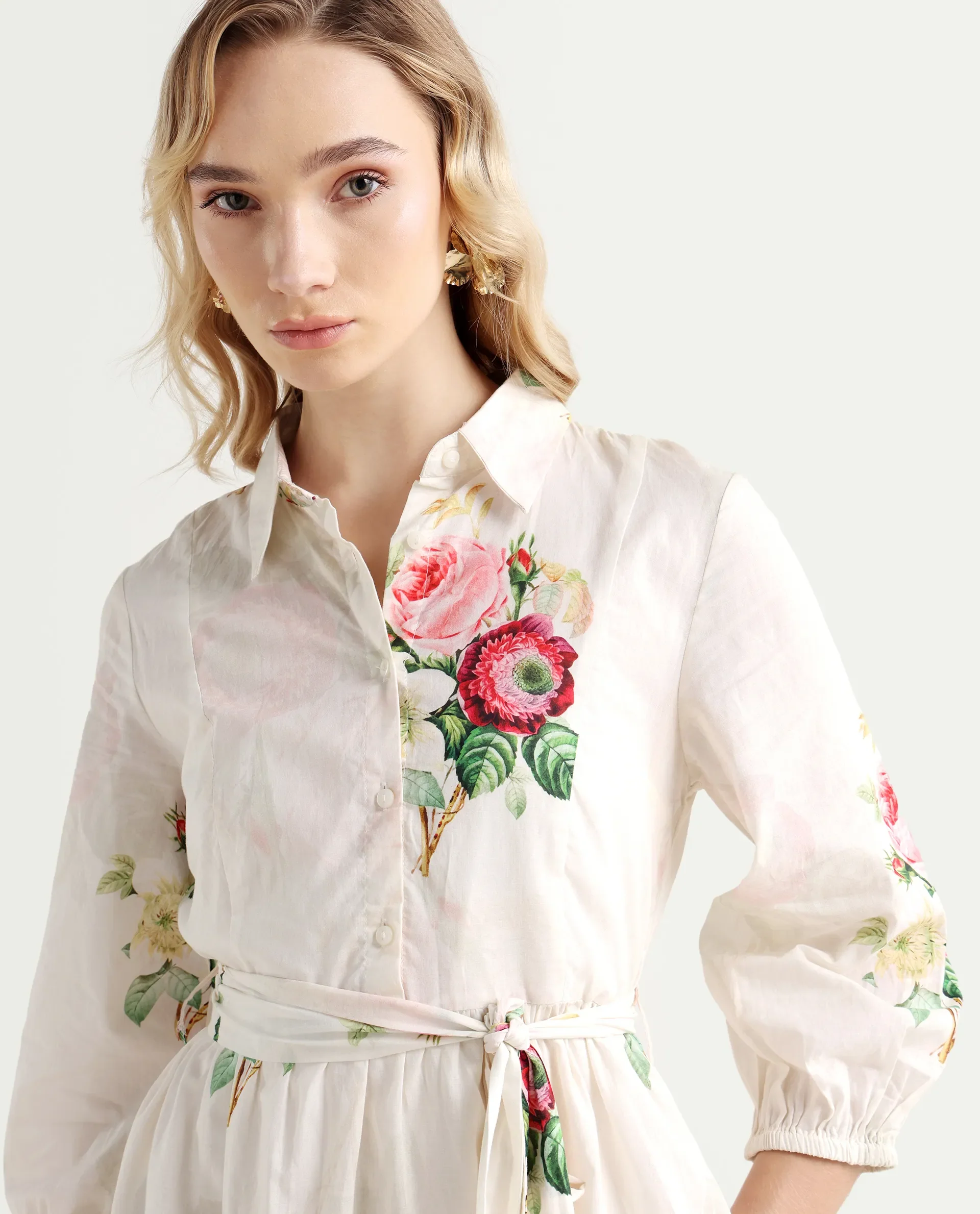 Rareism Women's Blecki Off White Cotton Drop Collar Floral Print Cuffed Sleeve Mini Fit And Flare Dress - Image 4