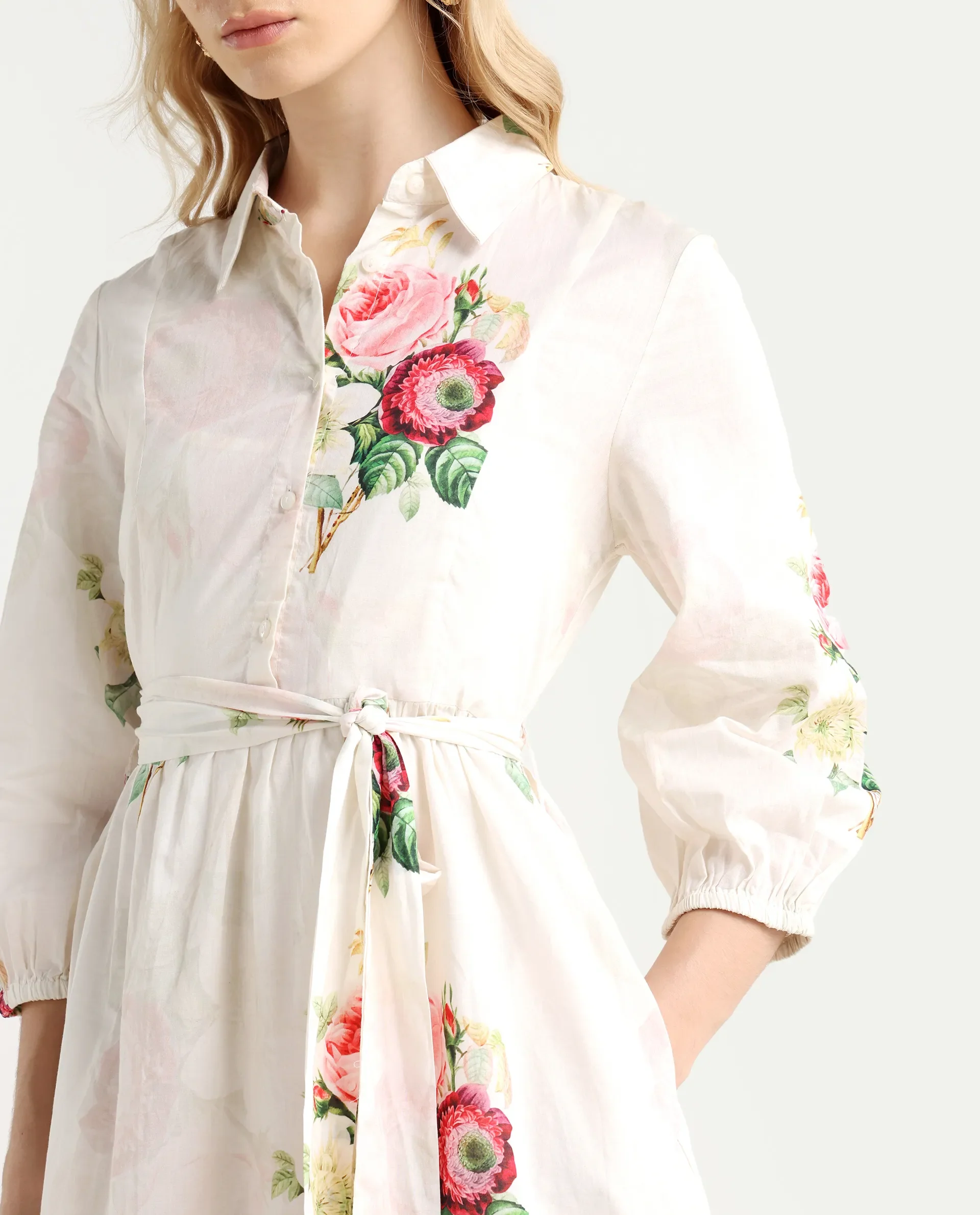 Rareism Women's Blecki Off White Cotton Drop Collar Floral Print Cuffed Sleeve Mini Fit And Flare Dress - Image 5
