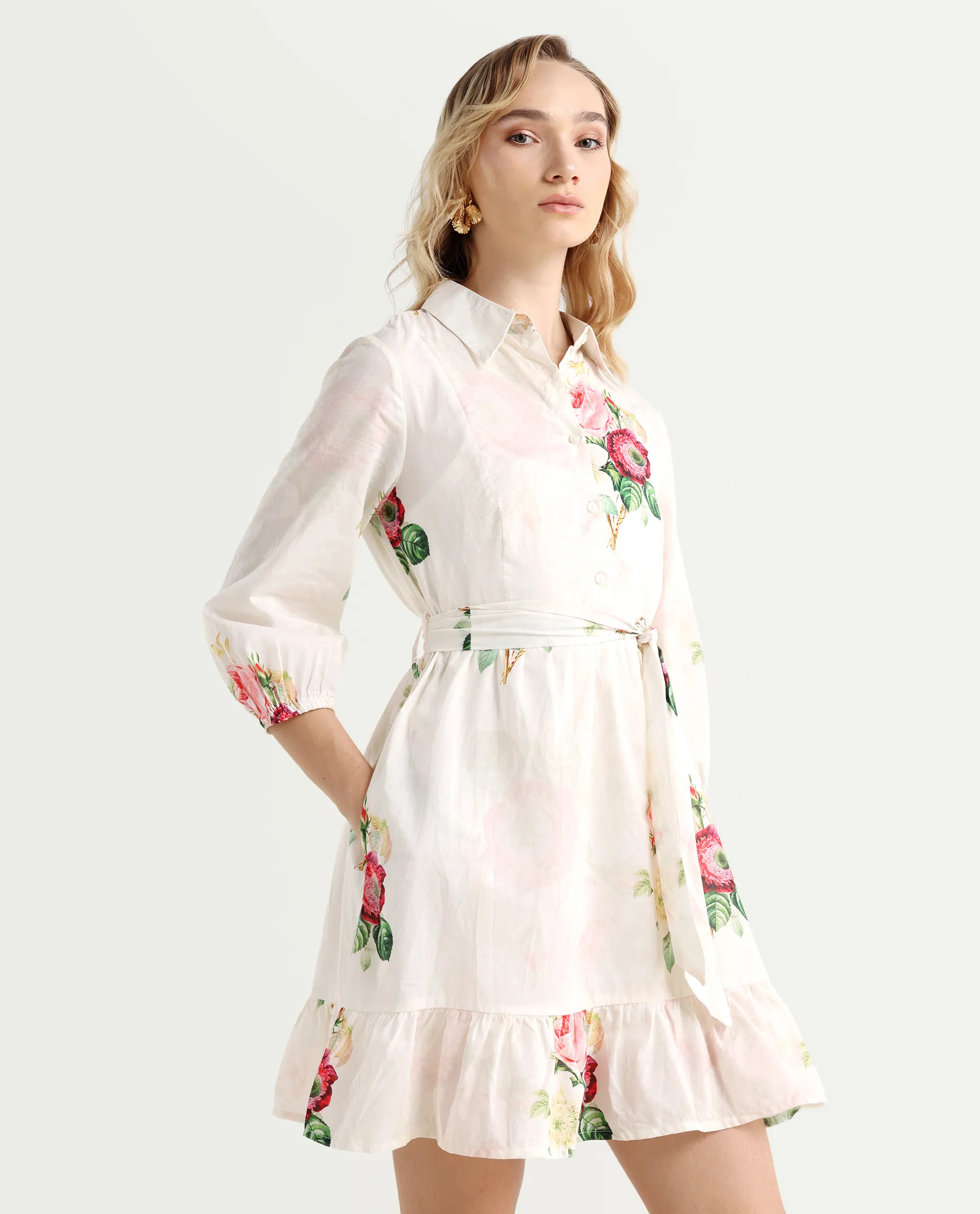 Rareism Women's Blecki Off White Cotton Drop Collar Floral Print Cuffed Sleeve Mini Fit And Flare Dress - Image 6