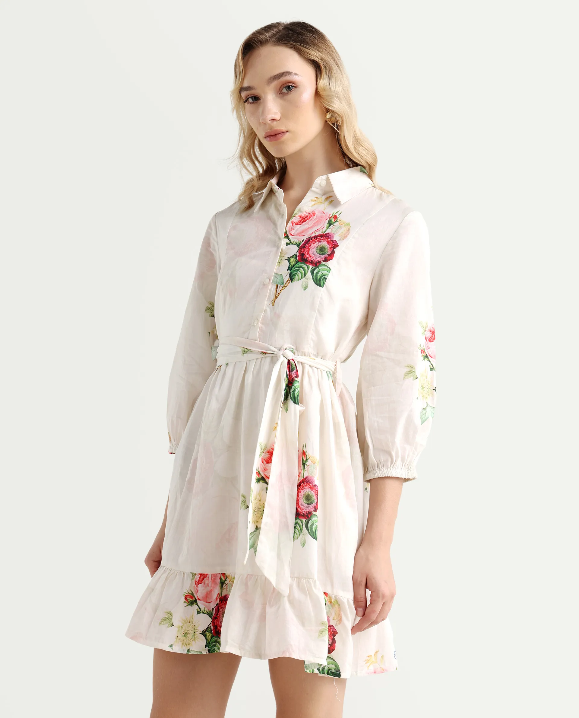 Rareism Women's Blecki Off White Cotton Drop Collar Floral Print Cuffed Sleeve Mini Fit And Flare Dress - Image 7