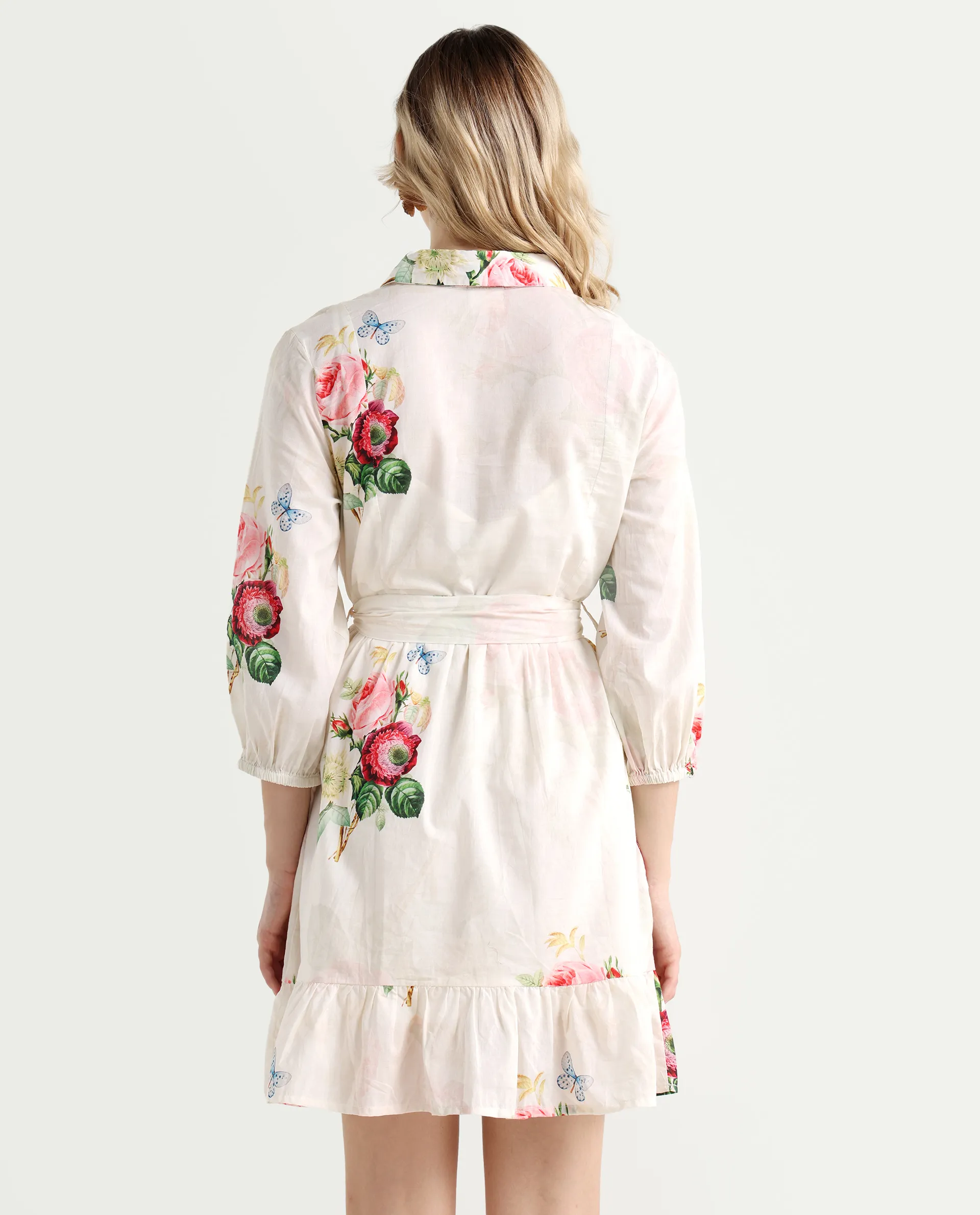 Rareism Women's Blecki Off White Cotton Drop Collar Floral Print Cuffed Sleeve Mini Fit And Flare Dress - Image 8