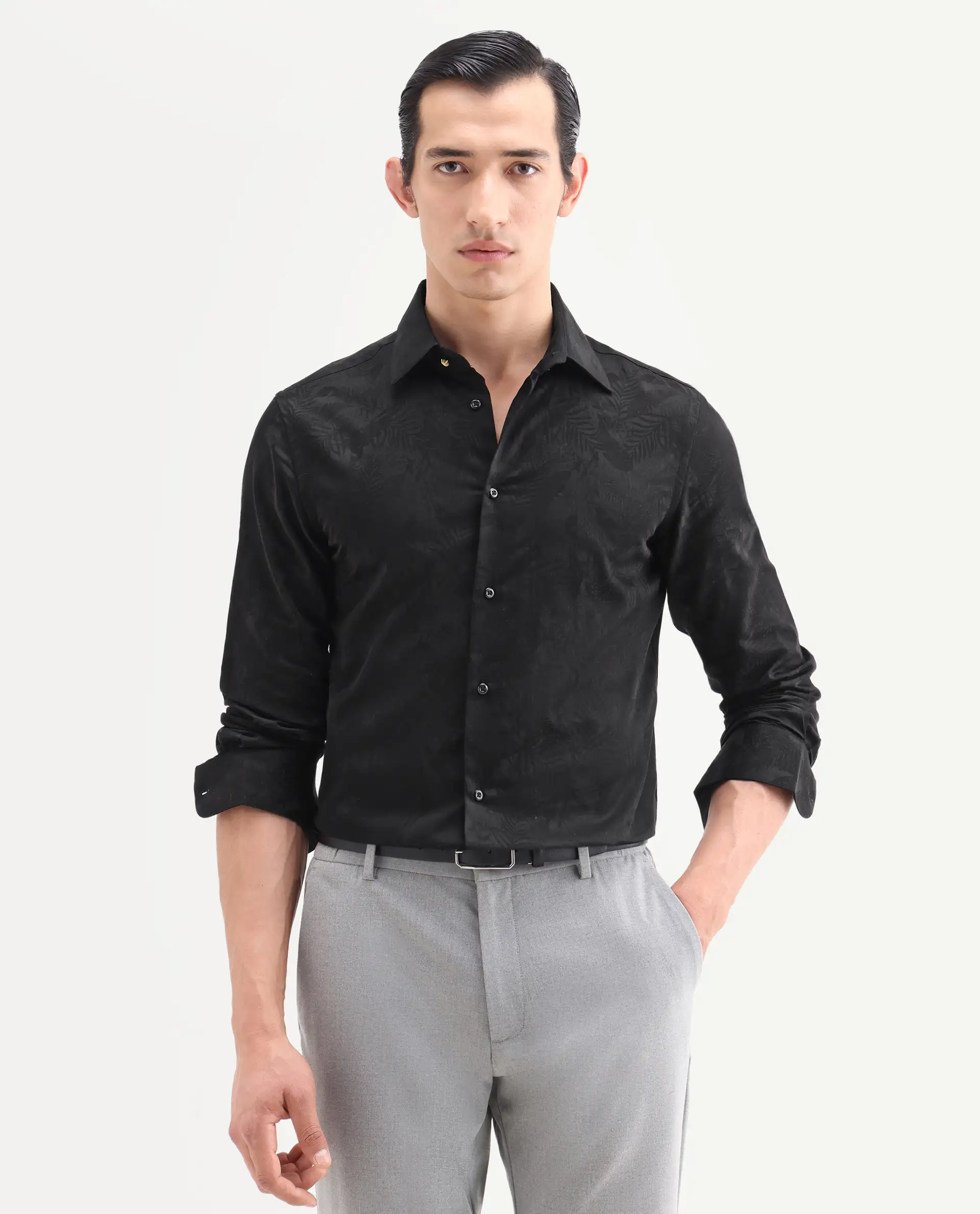 Rare Rabbit Men's Blen Black Cotton Fabric Full Sleeve Spread Collar Button Regular Jacquard Shirt - Image 4
