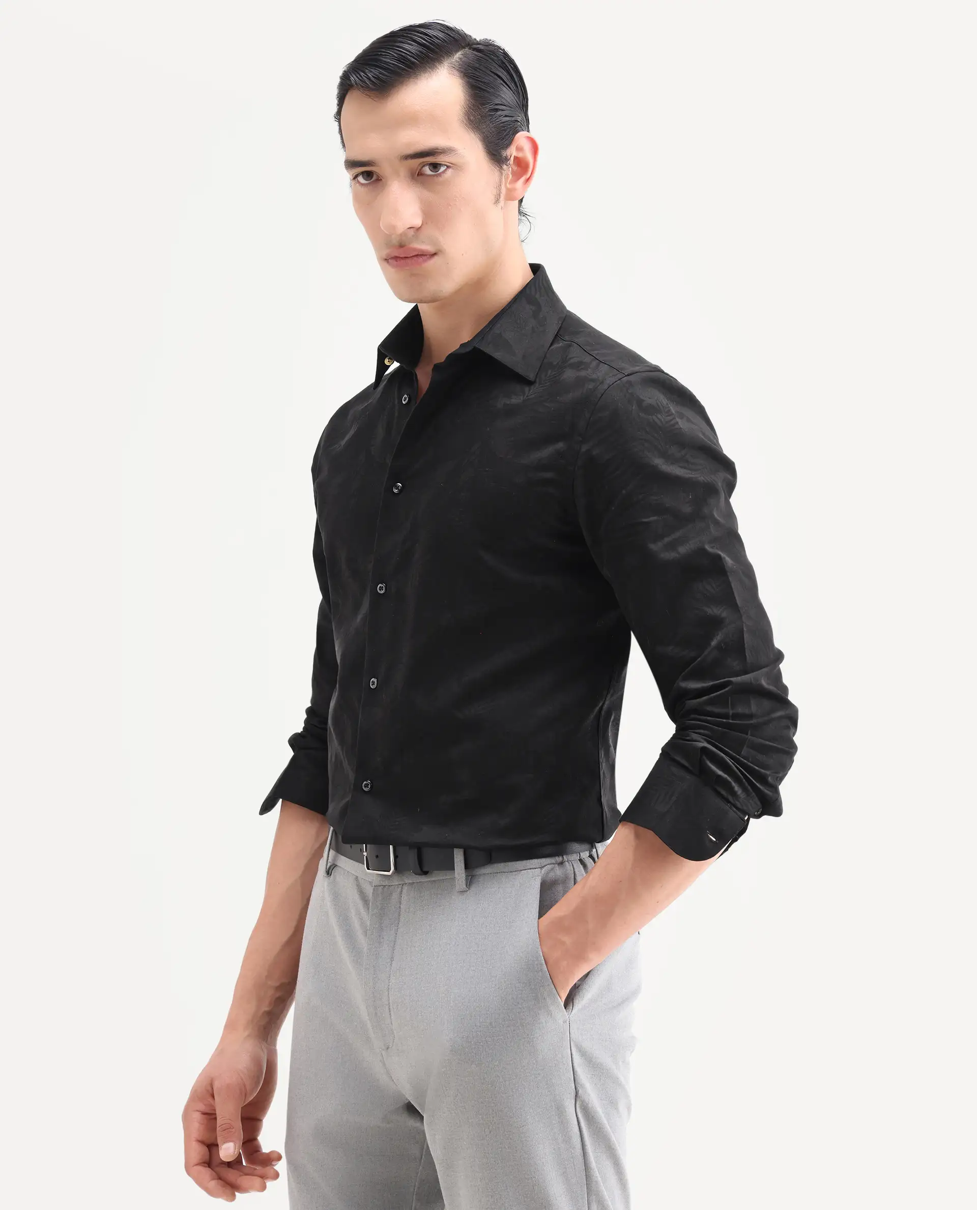 Rare Rabbit Men's Blen Black Cotton Fabric Full Sleeve Spread Collar Button Regular Jacquard Shirt - Image 5
