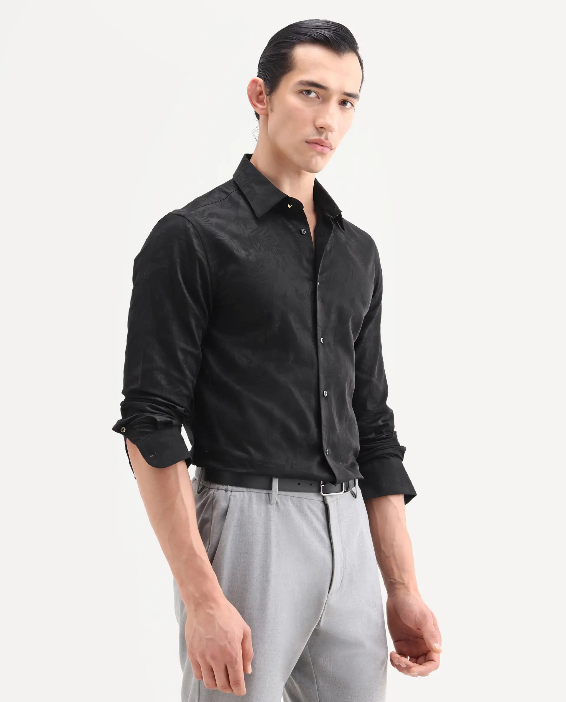 Rare Rabbit Men's Blen Black Cotton Fabric Full Sleeve Spread Collar Button Regular Jacquard Shirt - Image 6
