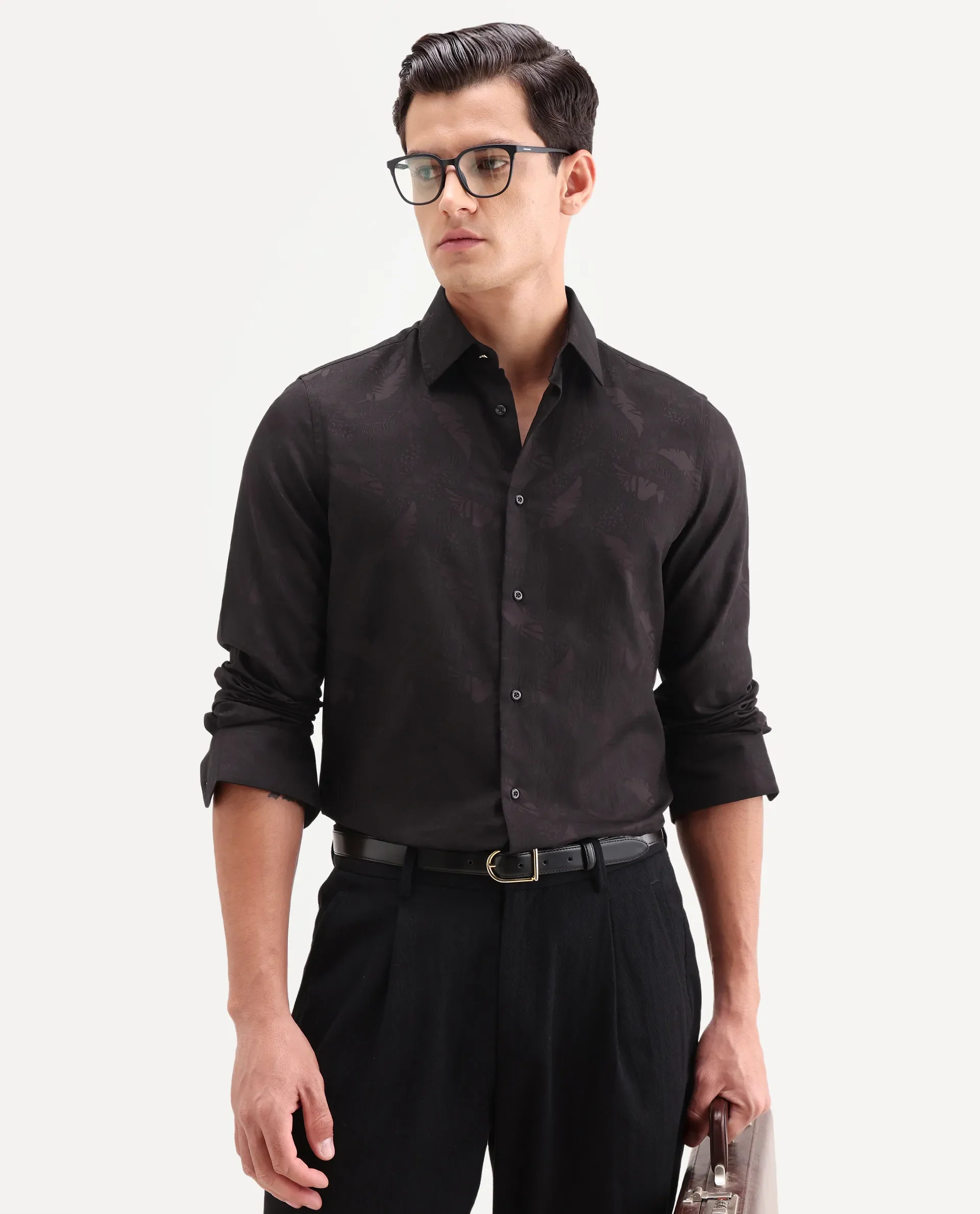 Rare Rabbit Men's Blen Maroon Cotton Fabric Full Sleeve Spread Collar Button Regular Fit Jacquard Shirt