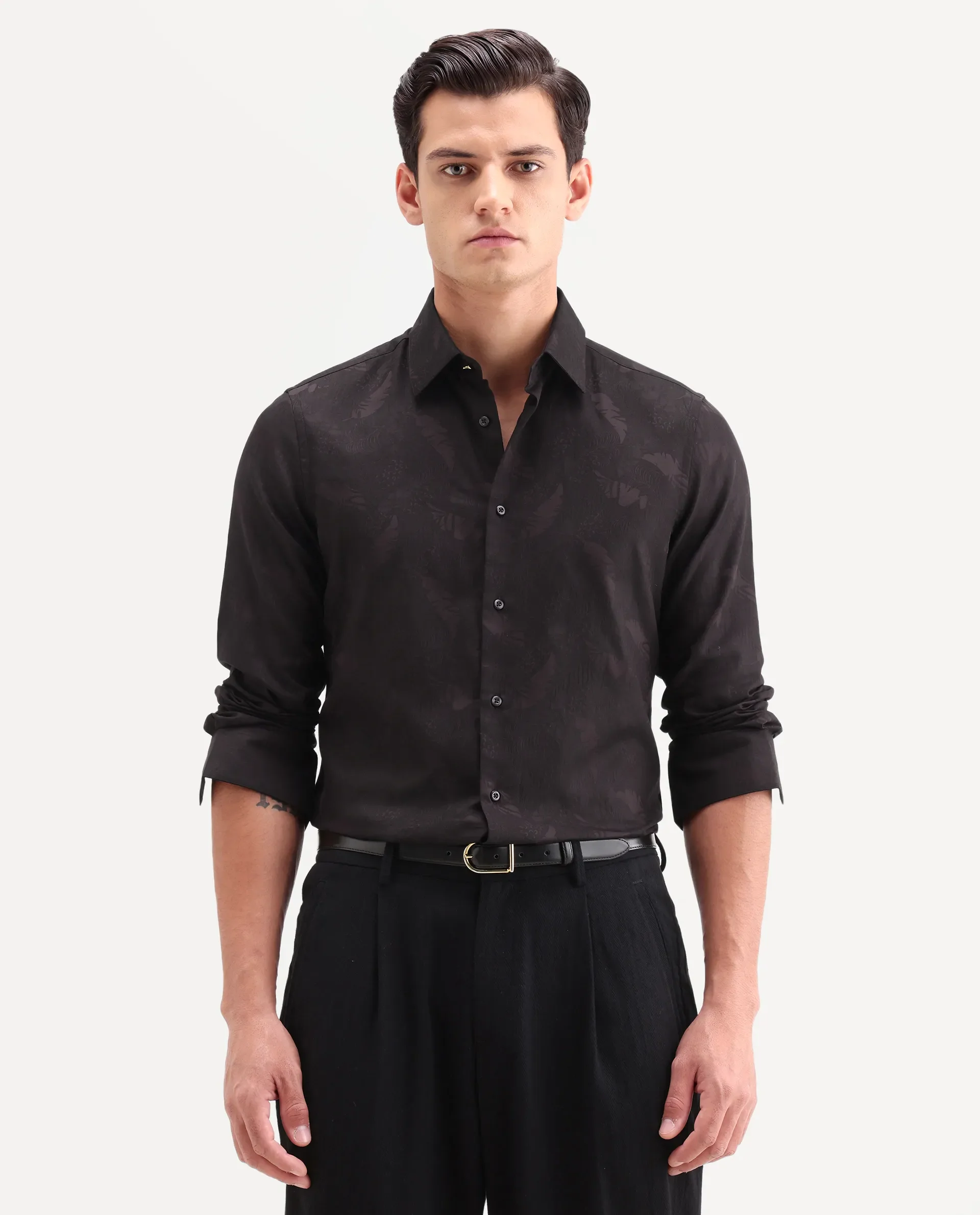 Rare Rabbit Men's Blen Maroon Cotton Fabric Full Sleeve Spread Collar Button Regular Fit Jacquard Shirt - Image 4