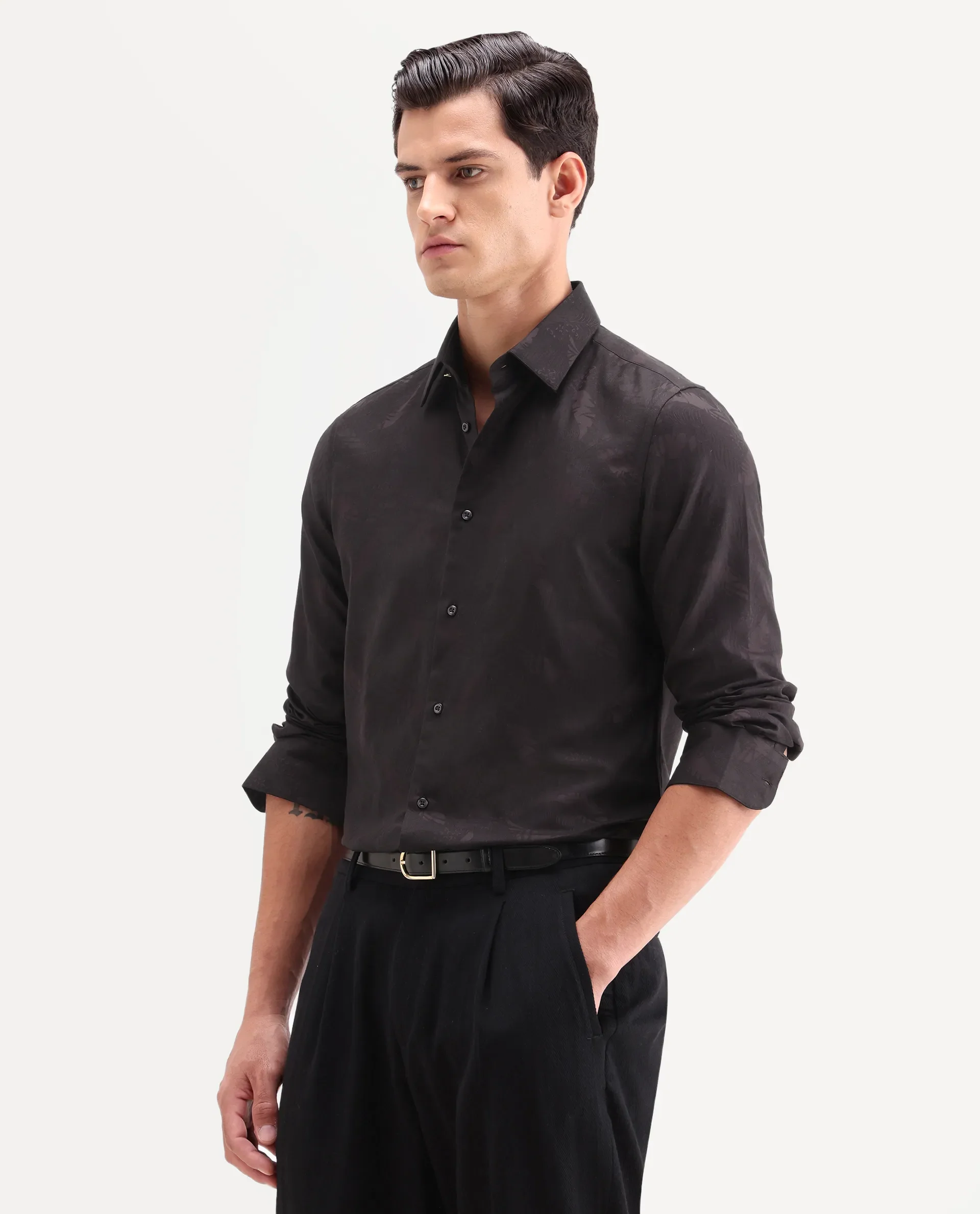 Rare Rabbit Men's Blen Maroon Cotton Fabric Full Sleeve Spread Collar Button Regular Fit Jacquard Shirt - Image 5