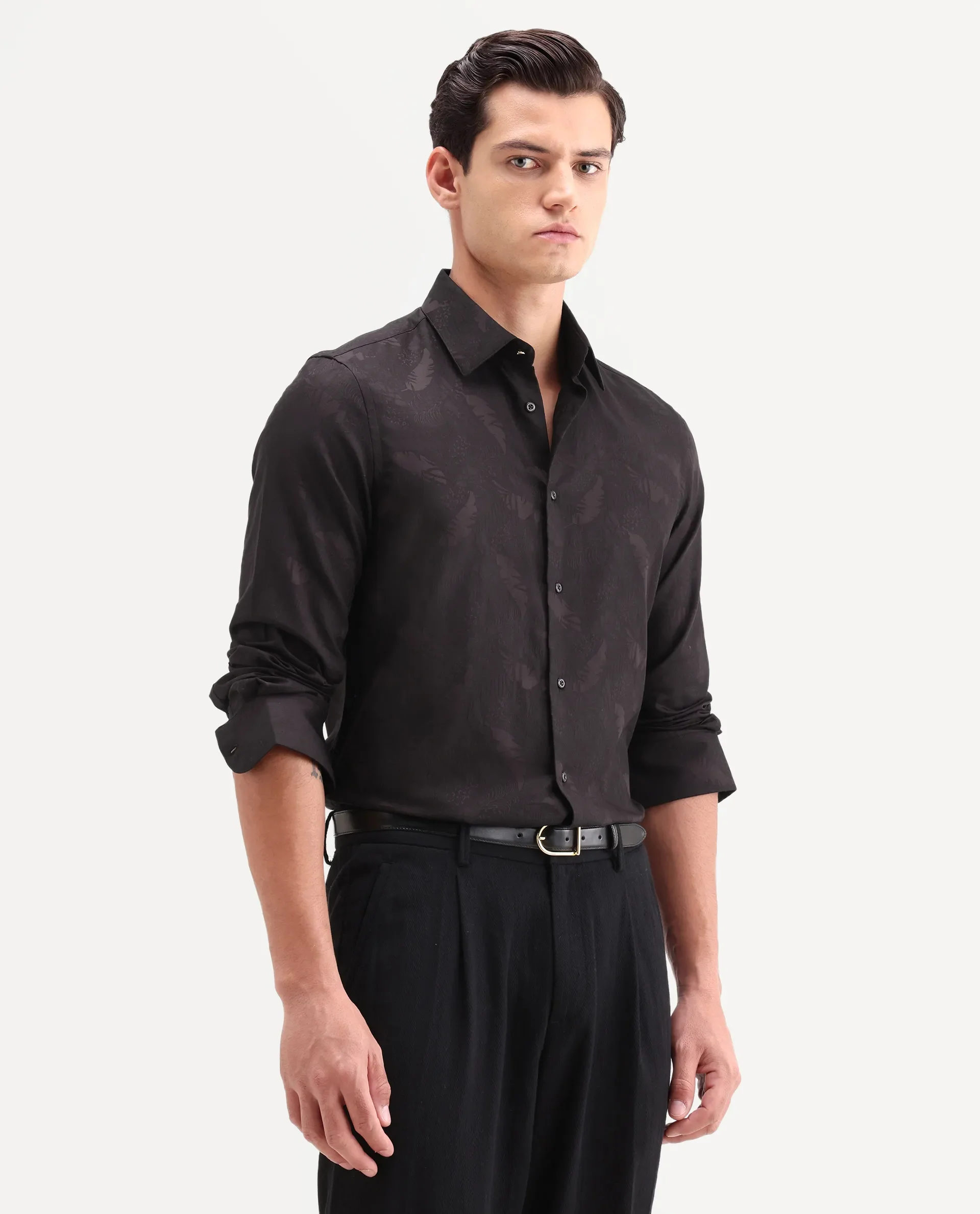 Rare Rabbit Men's Blen Maroon Cotton Fabric Full Sleeve Spread Collar Button Regular Fit Jacquard Shirt - Image 6