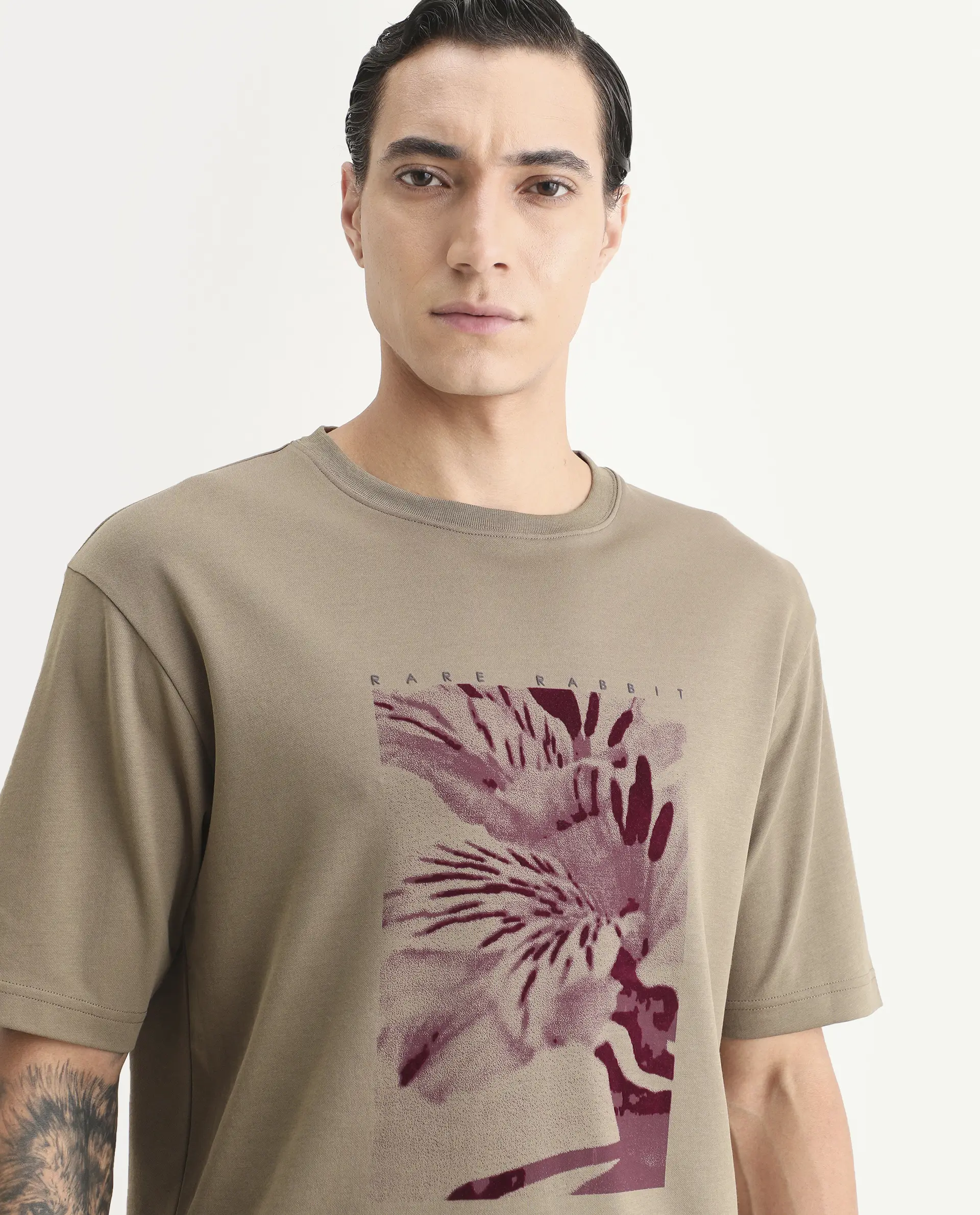 Rare Rabbit Men's Blend Light Olive Cotton Blend Fabric Half Sleeve Crew Neck Oversize Graphic Print T-Shirt - Image 3