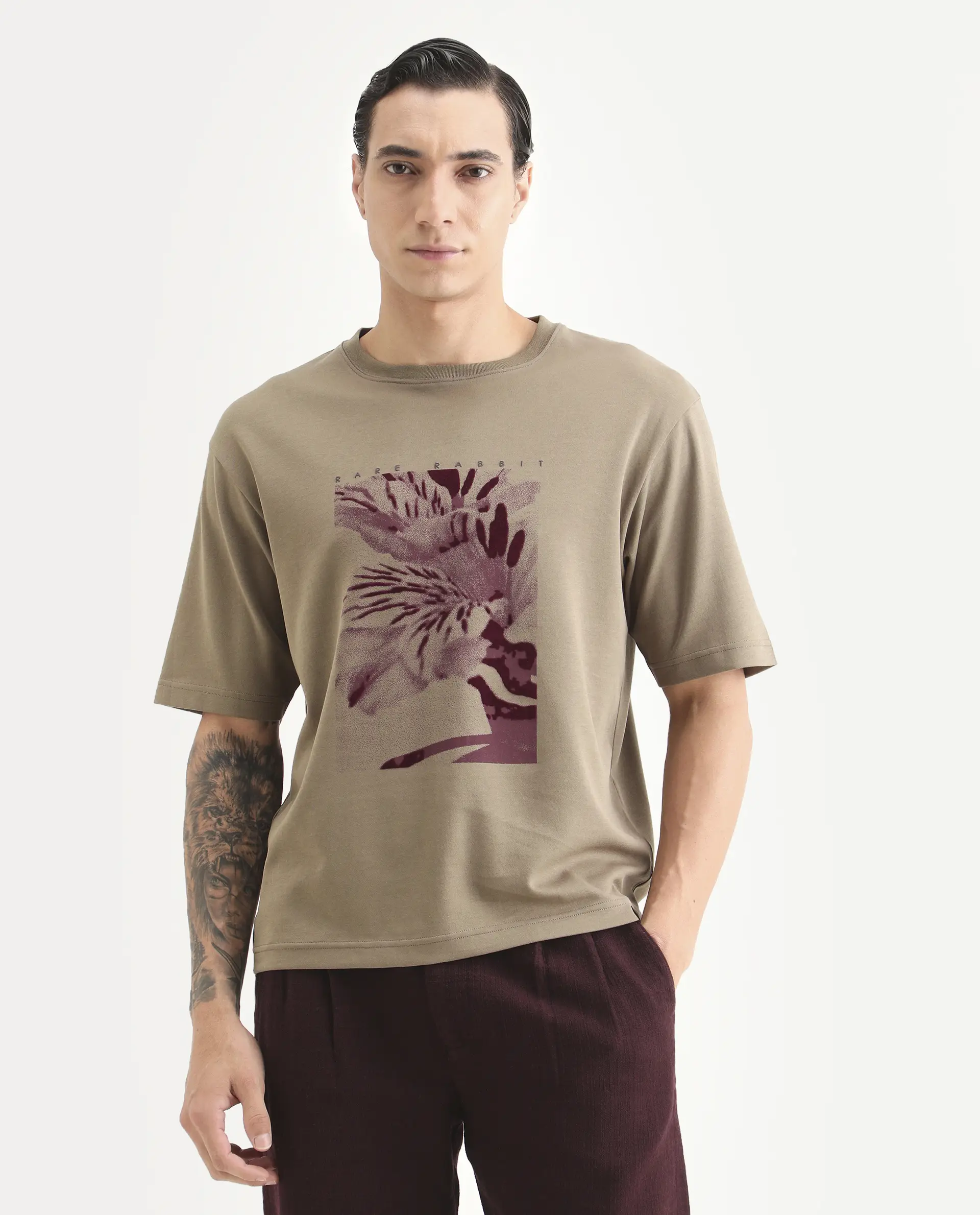 Rare Rabbit Men's Blend Light Olive Cotton Blend Fabric Half Sleeve Crew Neck Oversize Graphic Print T-Shirt - Image 4
