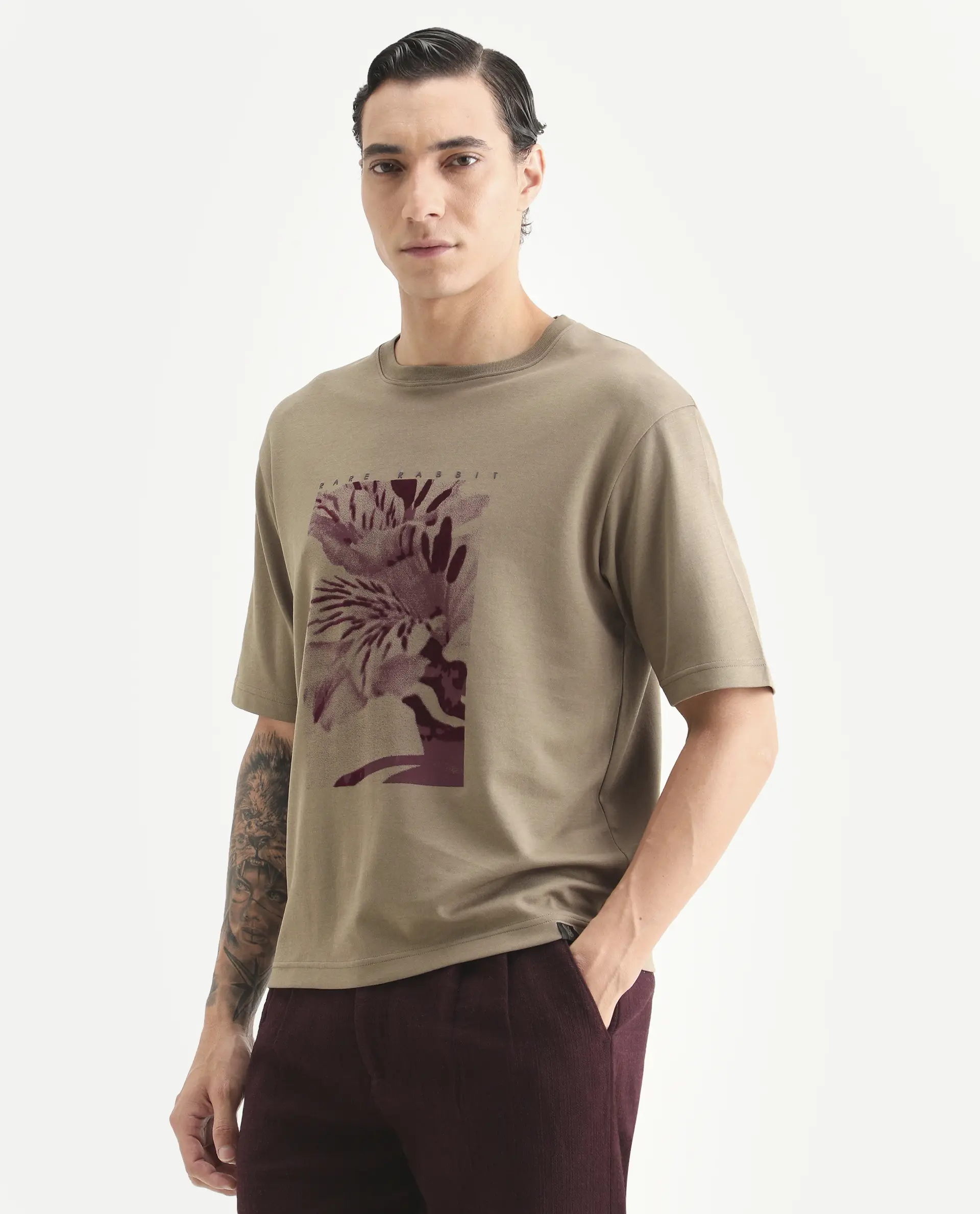 Rare Rabbit Men's Blend Light Olive Cotton Blend Fabric Half Sleeve Crew Neck Oversize Graphic Print T-Shirt - Image 5
