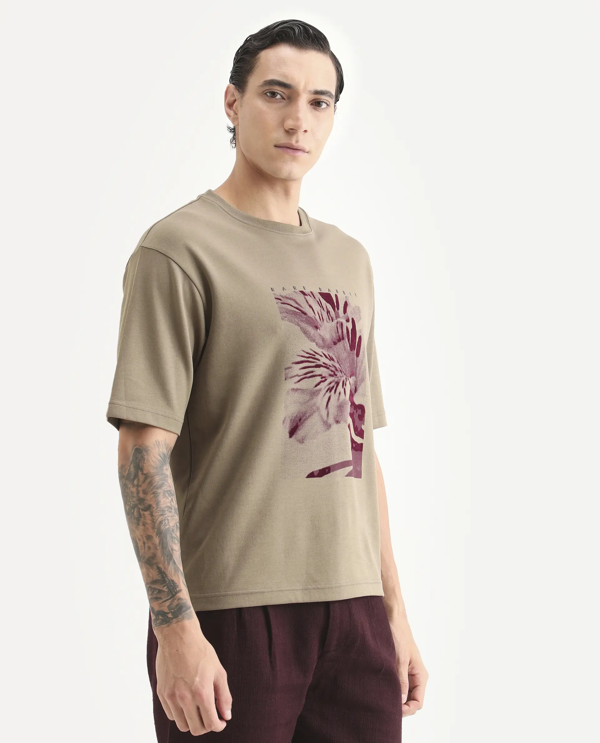 Rare Rabbit Men's Blend Light Olive Cotton Blend Fabric Half Sleeve Crew Neck Oversize Graphic Print T-Shirt - Image 6