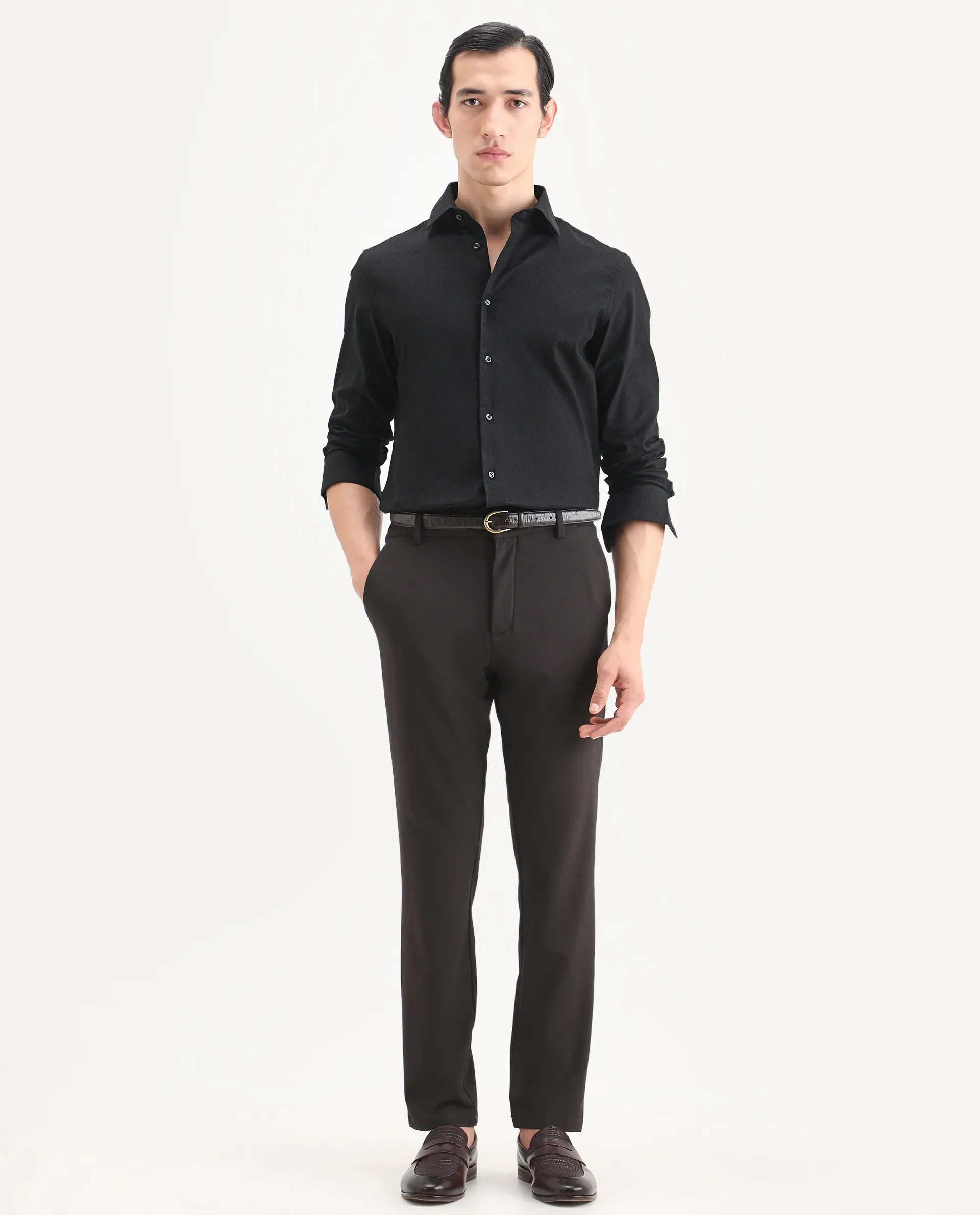 Rare Rabbit Men's Blene Black Cotton Full Sleeve Spread Collar Regular Fit Plain Shirt - Image 2