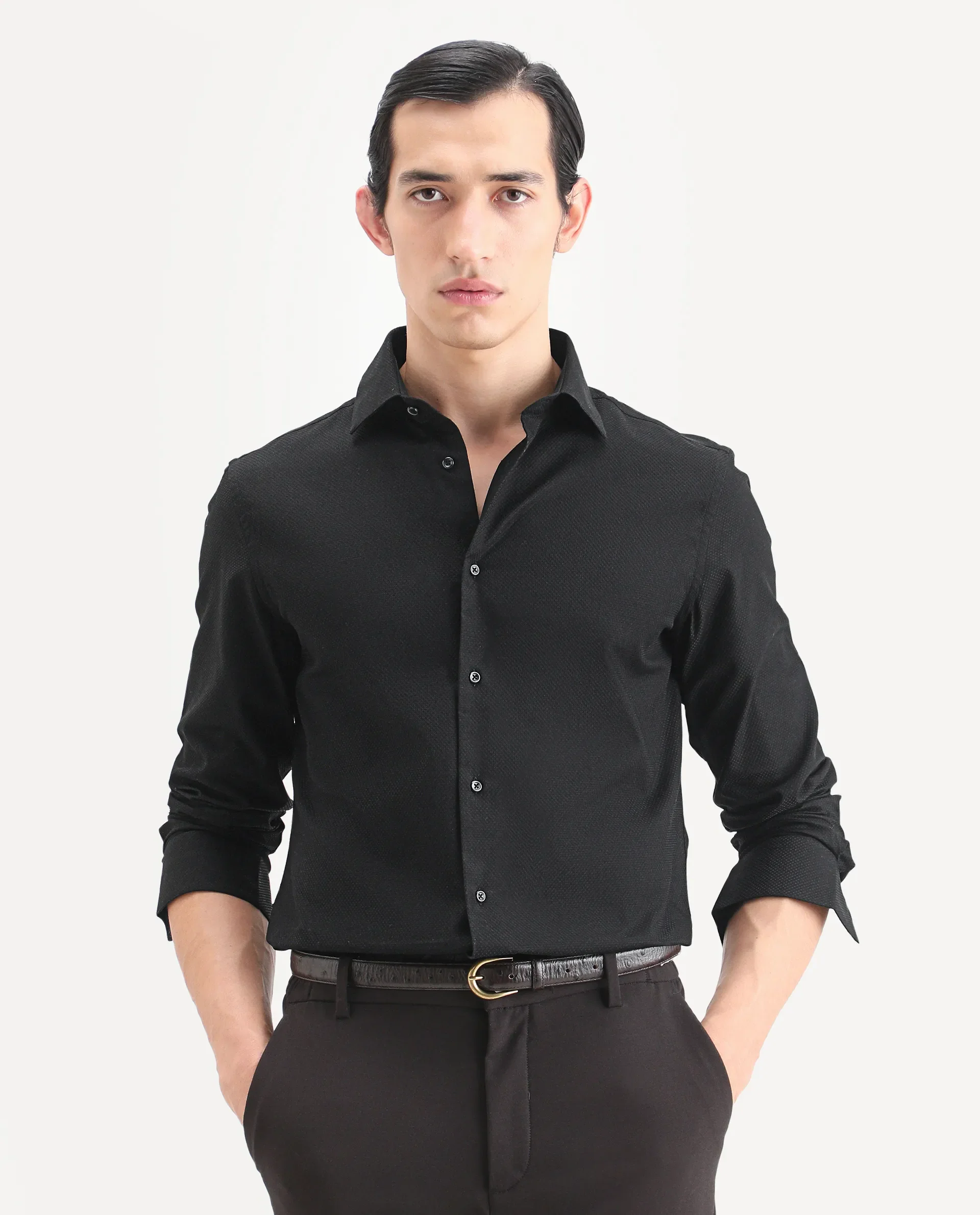 Rare Rabbit Men's Blene Black Cotton Full Sleeve Spread Collar Regular Fit Plain Shirt - Image 3