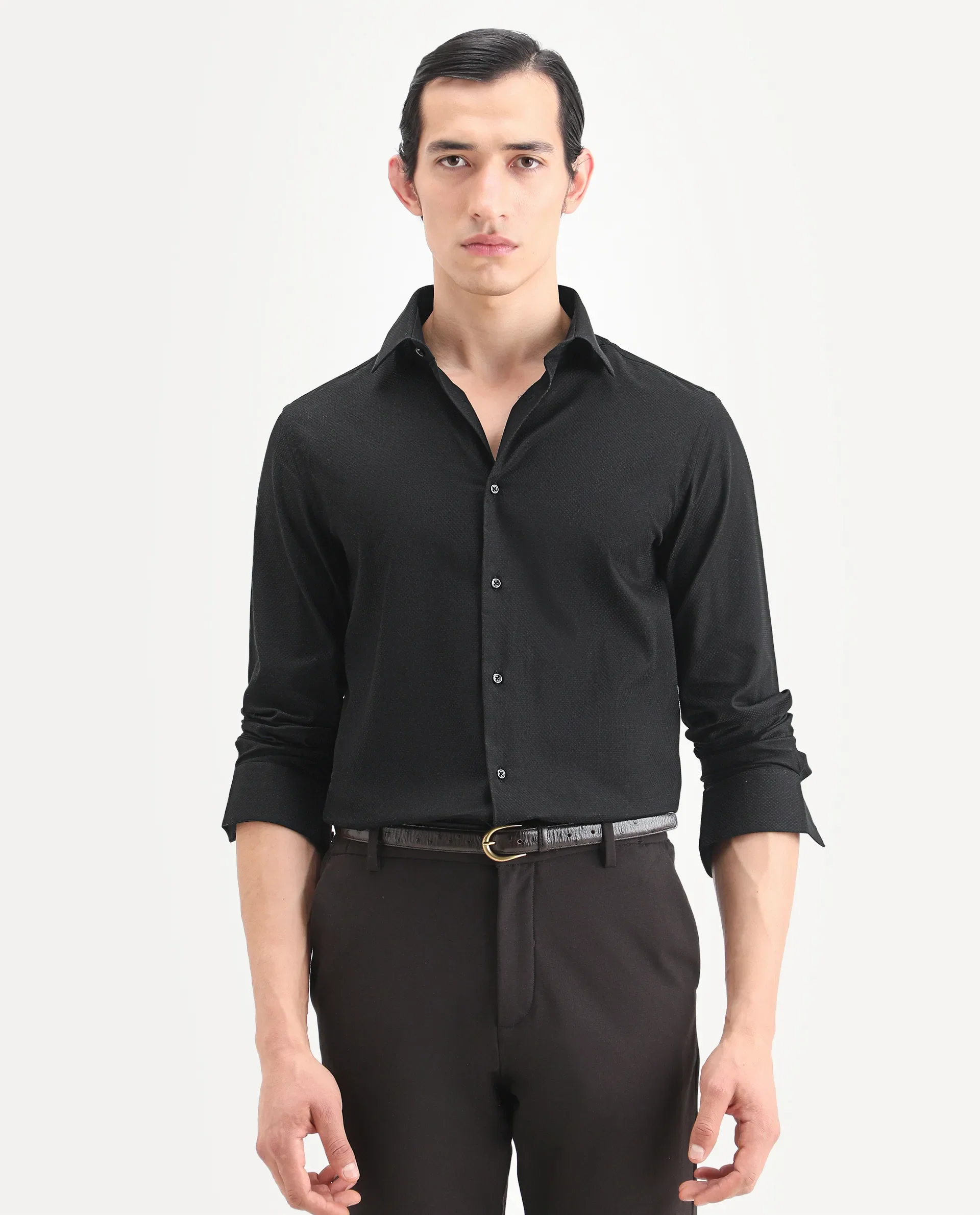 Rare Rabbit Men's Blene Black Cotton Full Sleeve Spread Collar Regular Fit Plain Shirt - Image 4