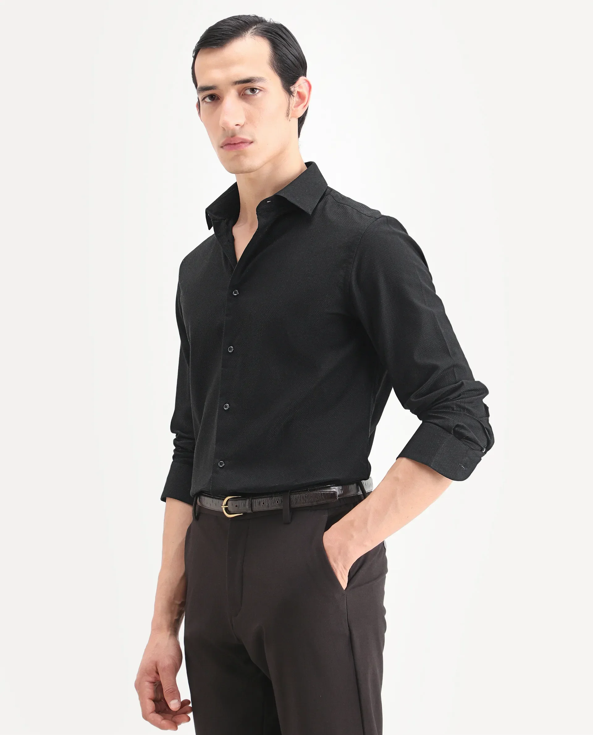 Rare Rabbit Men's Blene Black Cotton Full Sleeve Spread Collar Regular Fit Plain Shirt - Image 5
