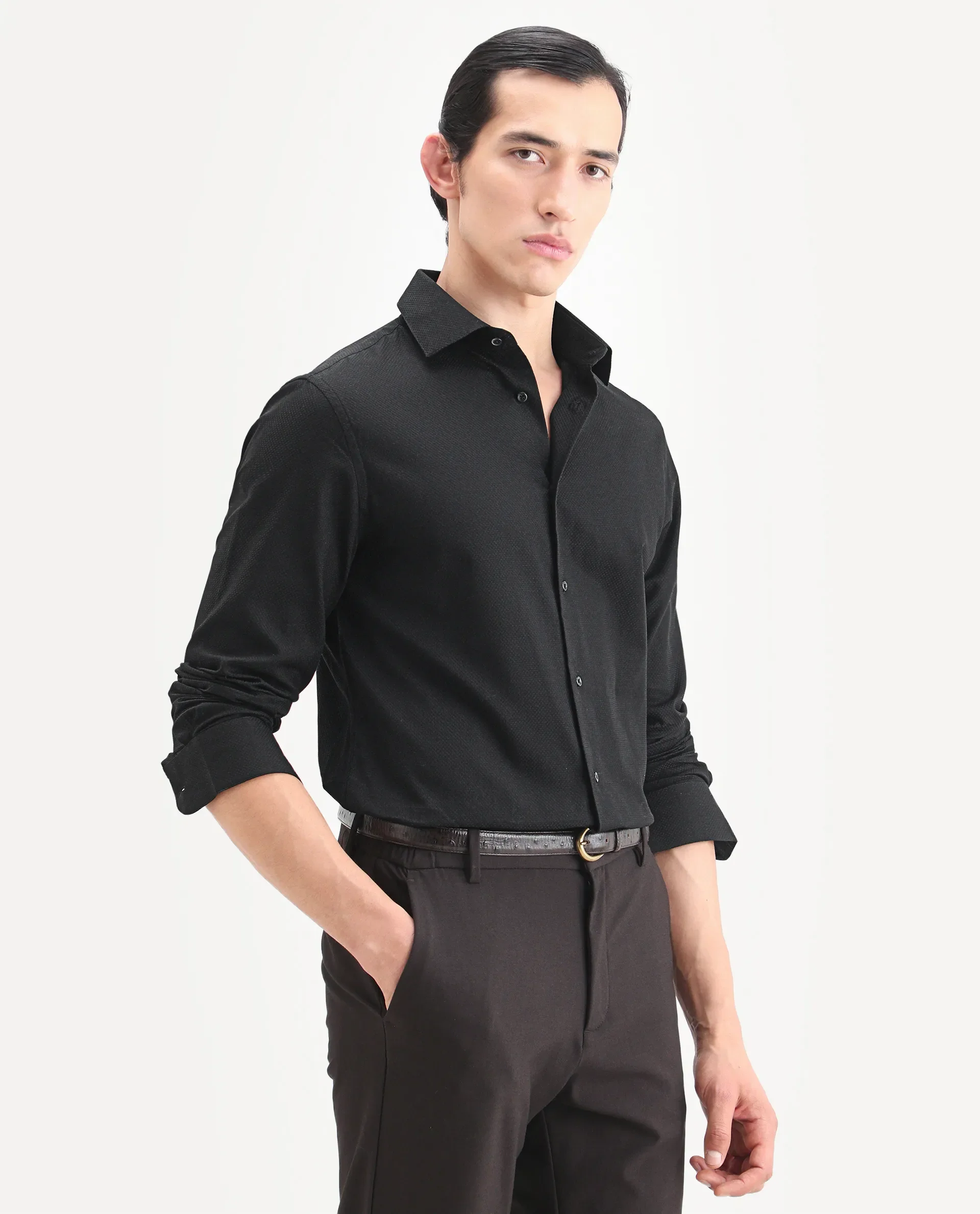 Rare Rabbit Men's Blene Black Cotton Full Sleeve Spread Collar Regular Fit Plain Shirt - Image 6