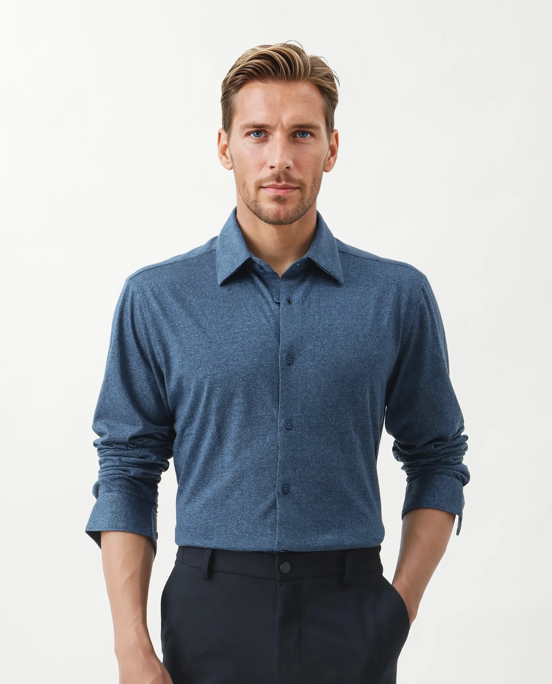 Rare Rabbit Men's Bler Blue Cotton Blend Plain Regular Fit Full Sleeve Collared Shirt