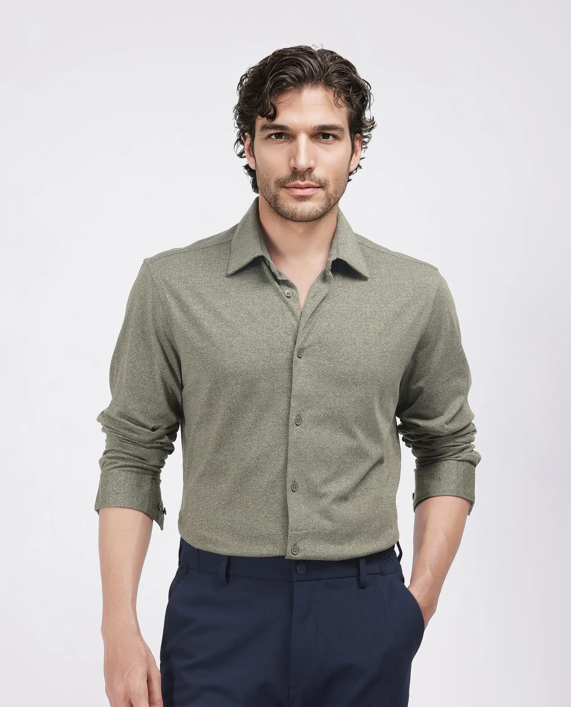 Rare Rabbit Men's Bler Olive Cotton Blend Plain Regular Fit Full Sleeve Collared Shirt - Image 2