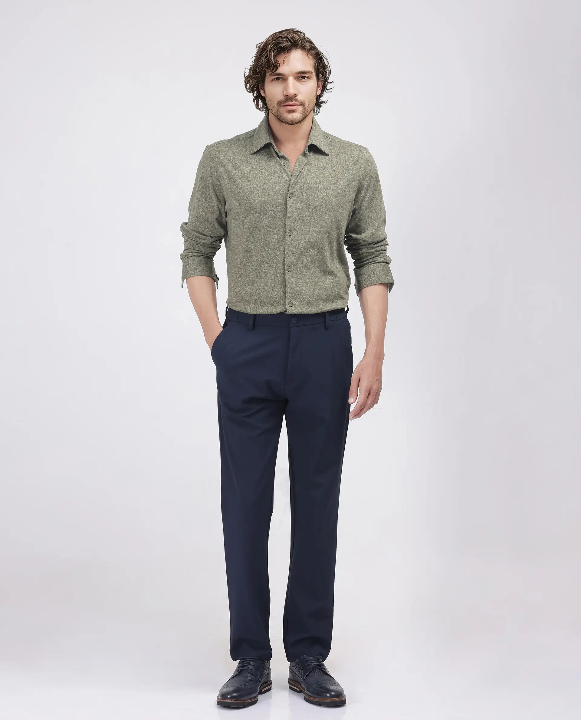 Rare Rabbit Men's Bler Olive Cotton Blend Plain Regular Fit Full Sleeve Collared Shirt - Image 3