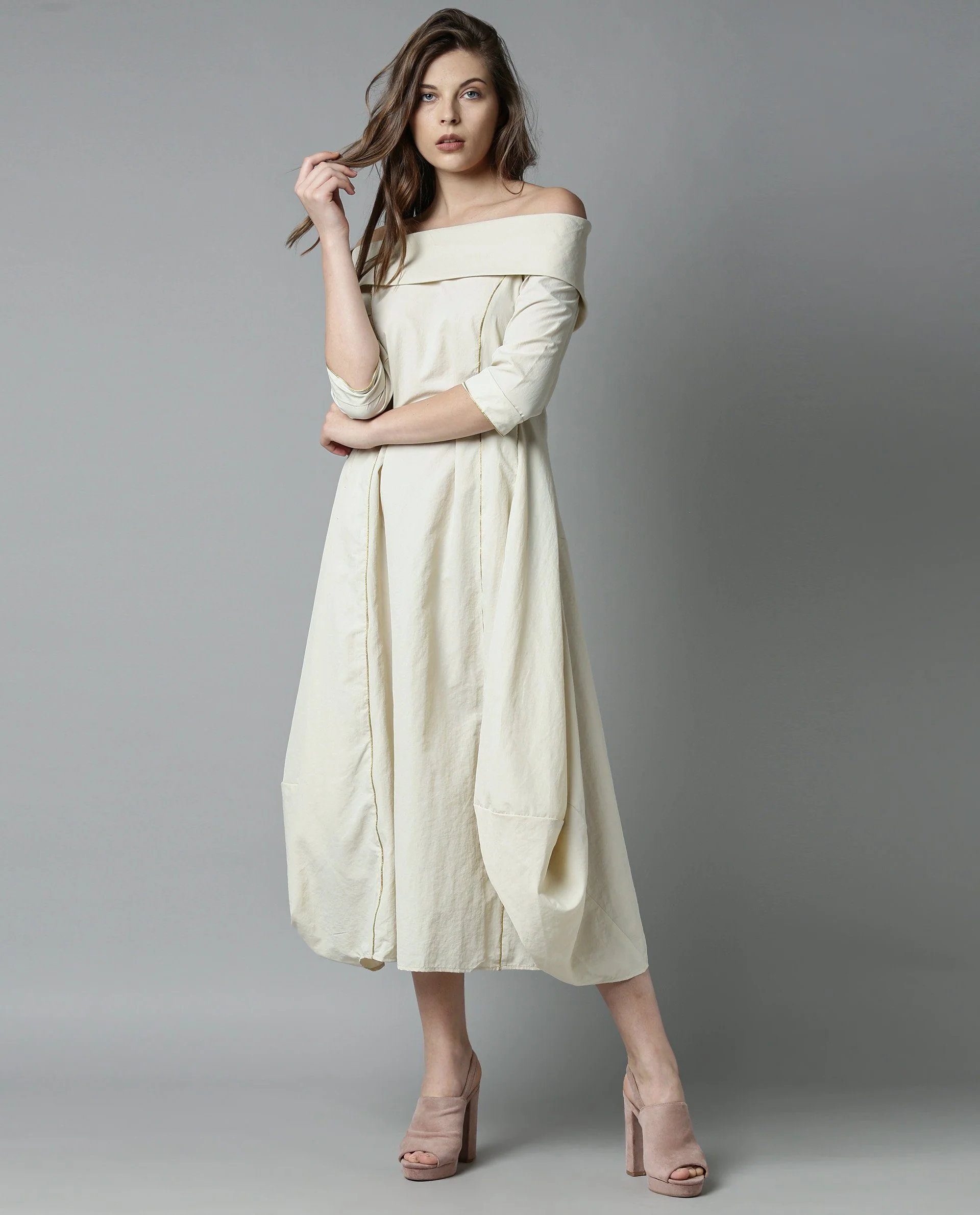 Rareism Women Bless Beige Dress Full Sleeves Solid