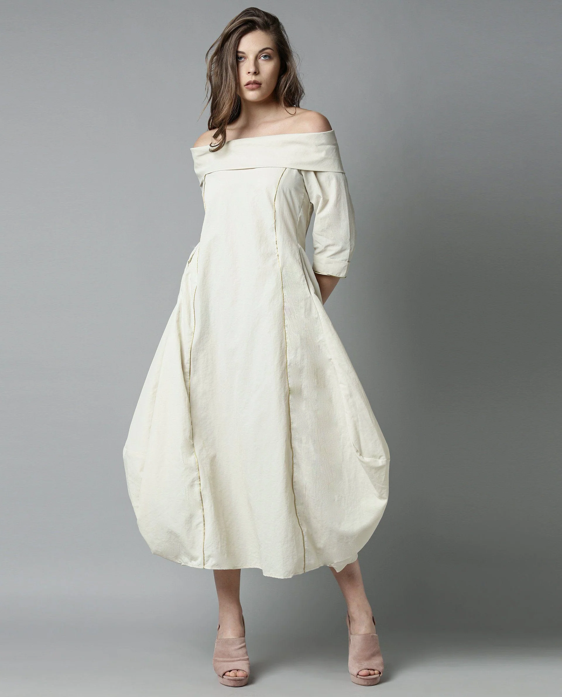 Rareism Women Bless Beige Dress Full Sleeves Solid - Image 3