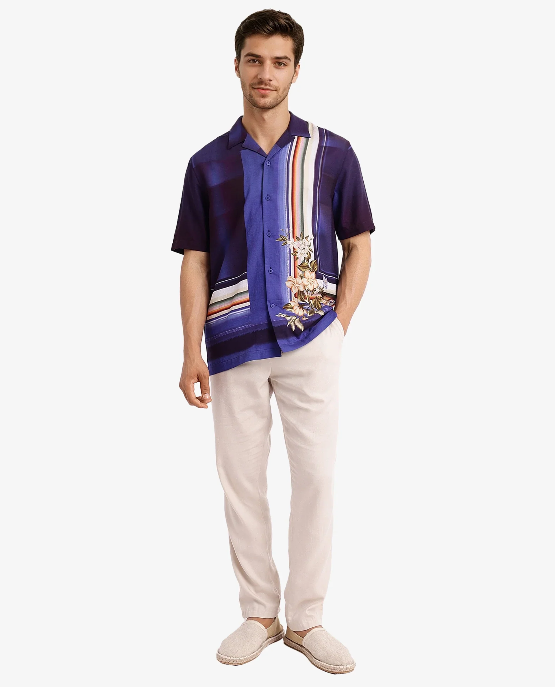 Rare Rabbit Men's Blib Blue Viscose Floral Print Boxy Fit Half Sleeve Cuban Collar Shirt - Image 2