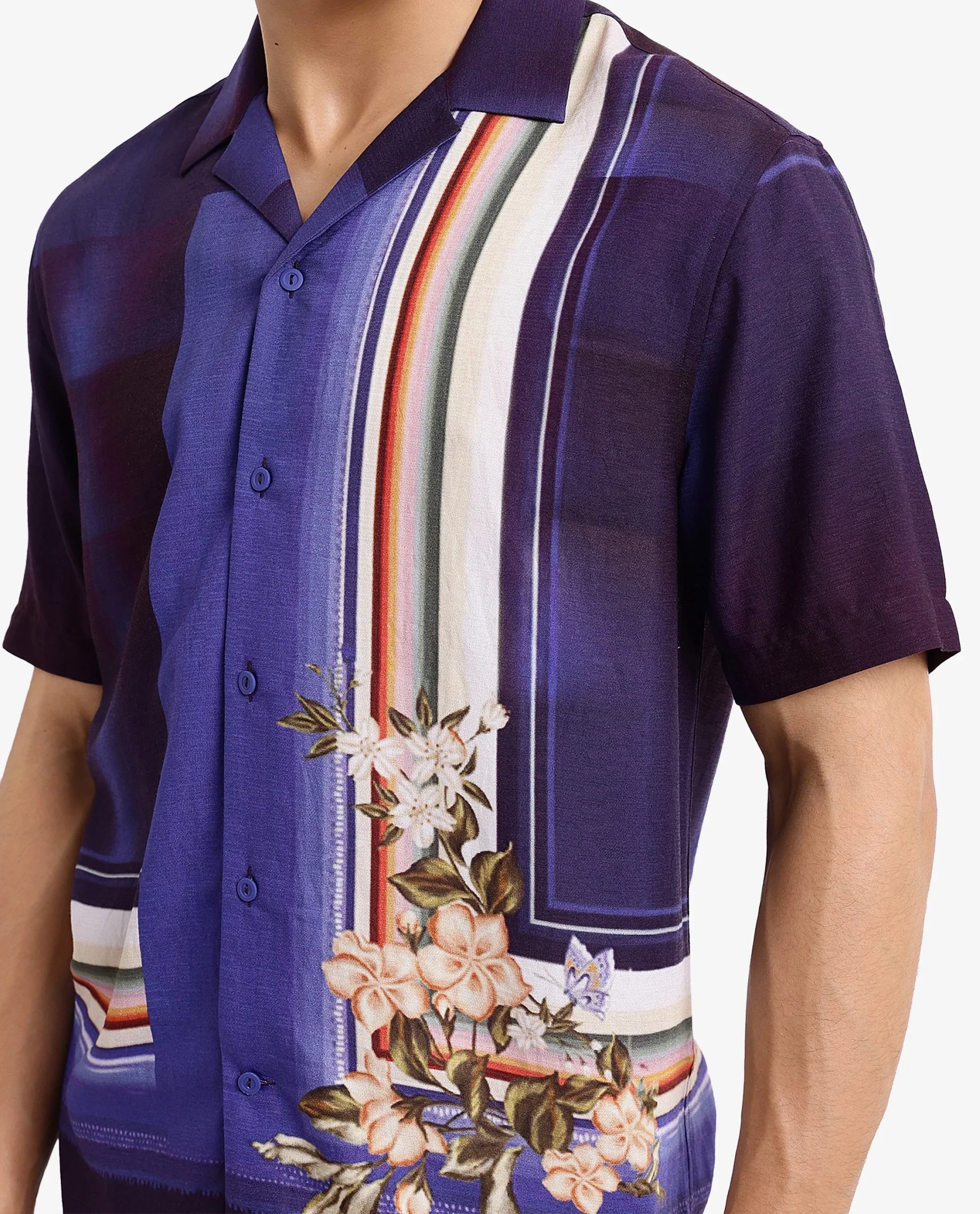 Rare Rabbit Men's Blib Blue Viscose Floral Print Boxy Fit Half Sleeve Cuban Collar Shirt - Image 3