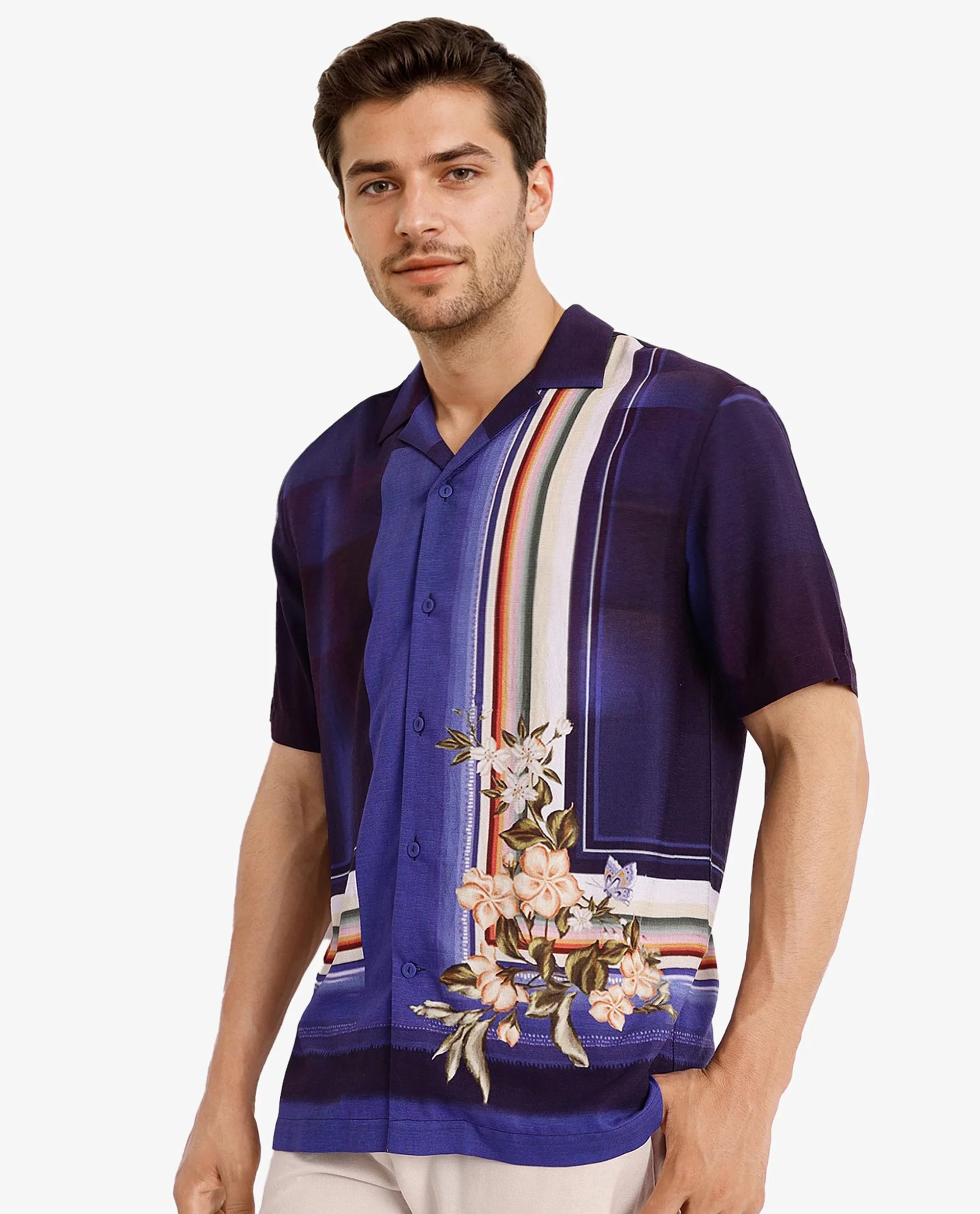 Rare Rabbit Men's Blib Blue Viscose Floral Print Boxy Fit Half Sleeve Cuban Collar Shirt - Image 7