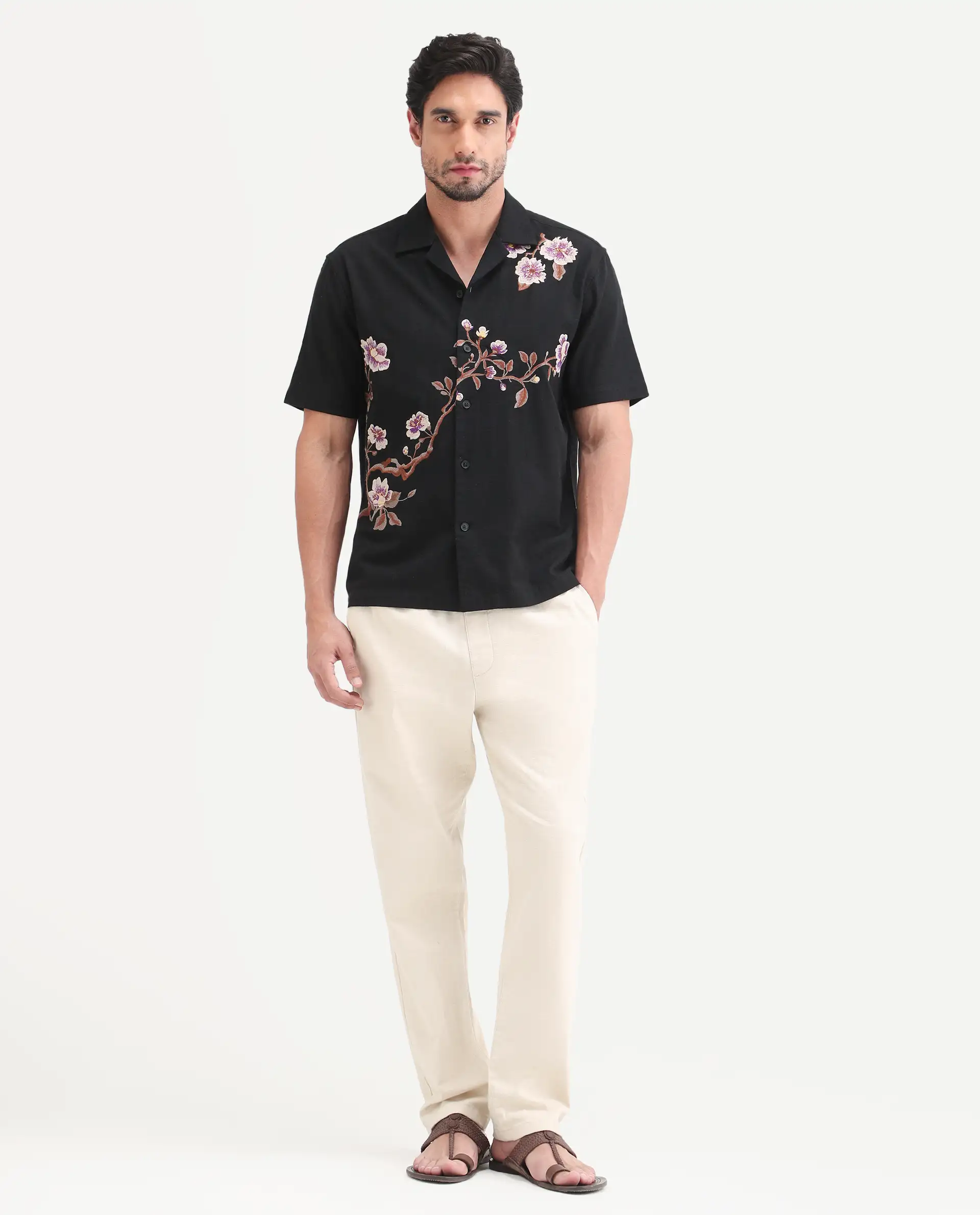 Rare Rabbit Men's Blig Black Cotton Blend Fabric Half Sleeve Cuban Collar Relaxed Fit Embroidered Shirt - Image 2