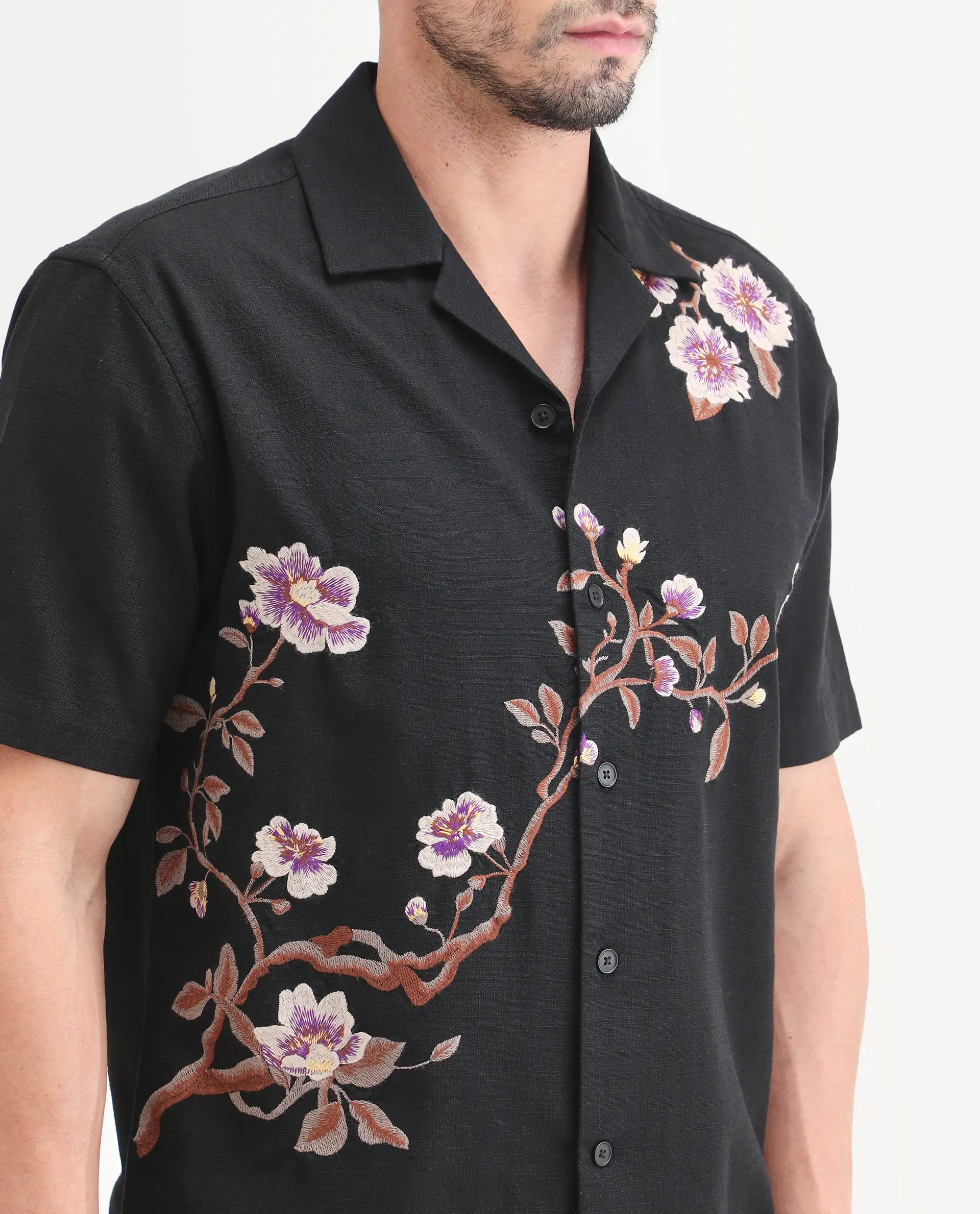 Rare Rabbit Men's Blig Black Cotton Blend Fabric Half Sleeve Cuban Collar Relaxed Fit Embroidered Shirt - Image 3