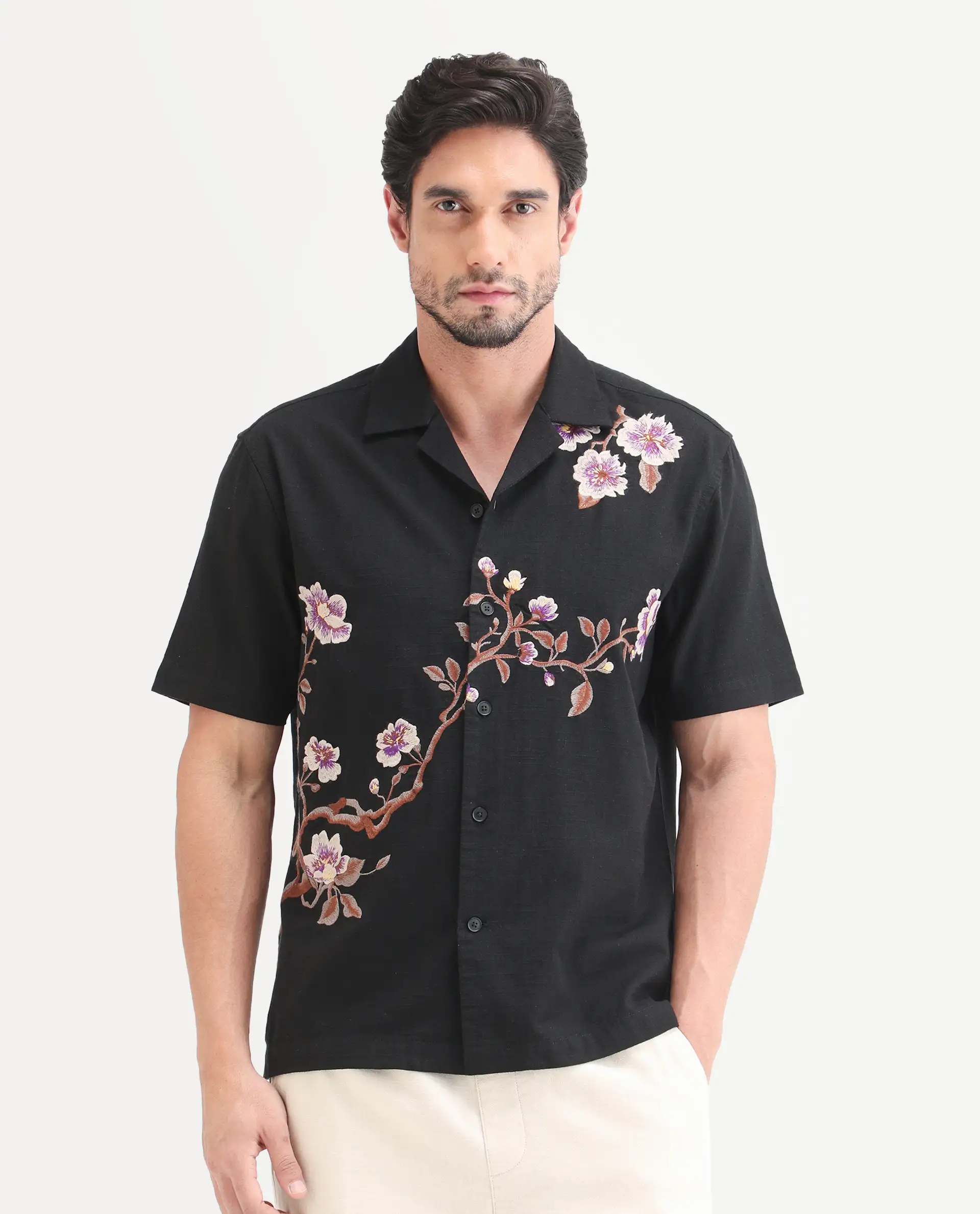 Rare Rabbit Men's Blig Black Cotton Blend Fabric Half Sleeve Cuban Collar Relaxed Fit Embroidered Shirt - Image 4