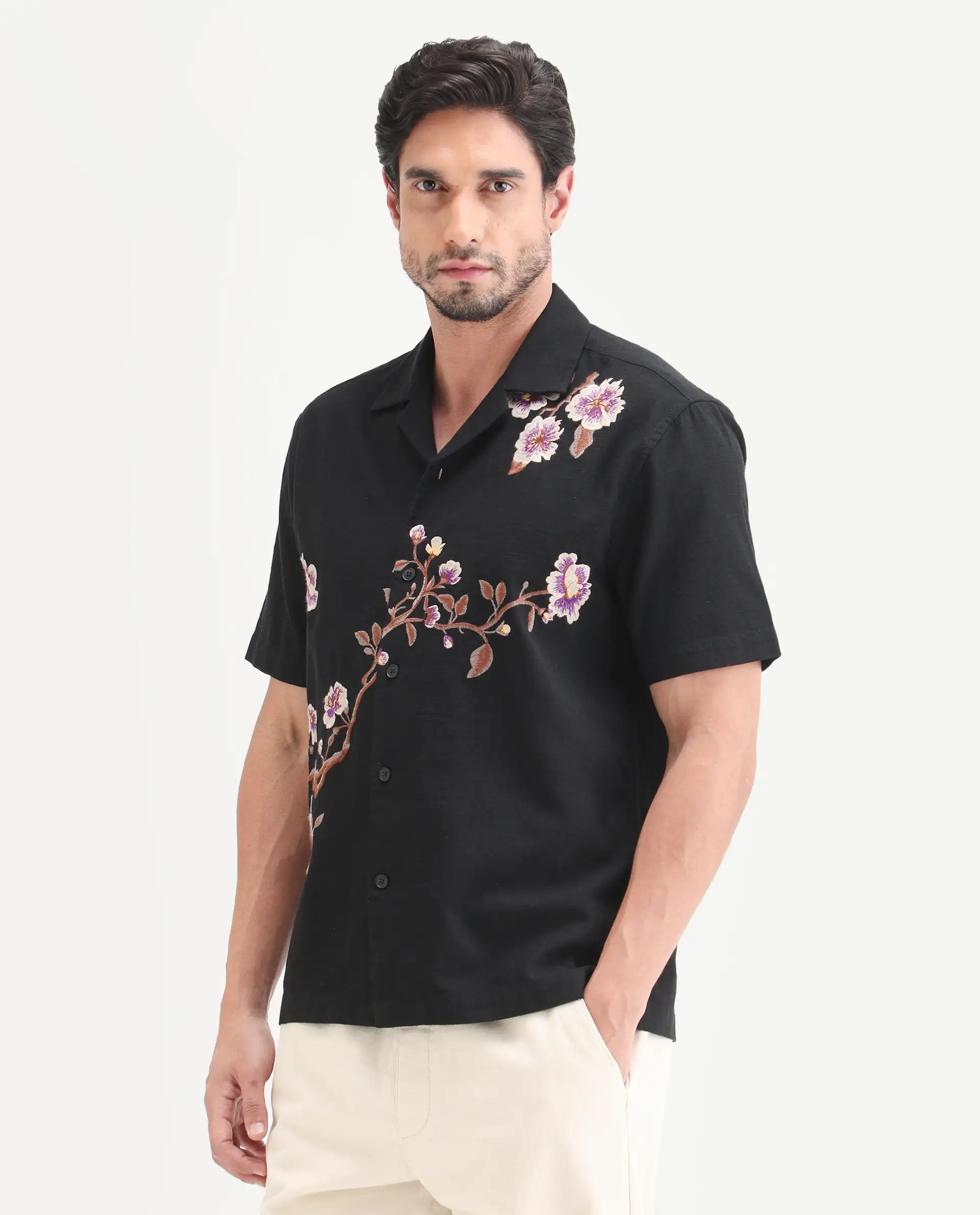 Rare Rabbit Men's Blig Black Cotton Blend Fabric Half Sleeve Cuban Collar Relaxed Fit Embroidered Shirt - Image 5