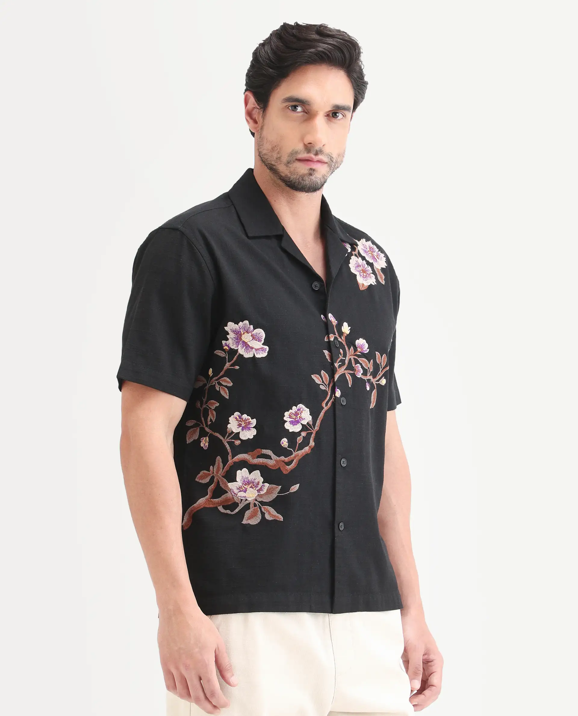 Rare Rabbit Men's Blig Black Cotton Blend Fabric Half Sleeve Cuban Collar Relaxed Fit Embroidered Shirt - Image 6
