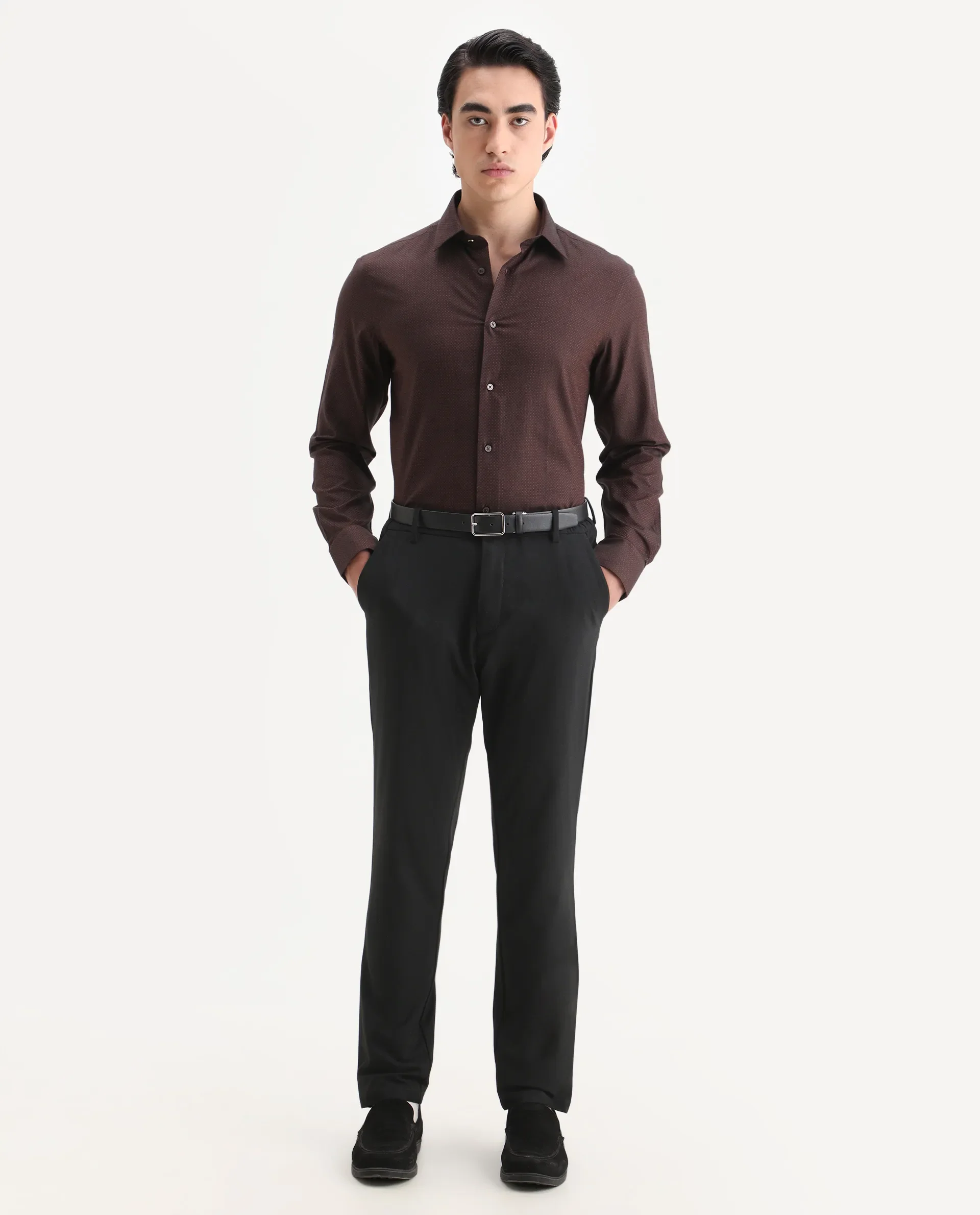 Rare Rabbit Men's Blin Brown Cotton Blend Spread Collar Regular Fit Jacquard Shirt - Image 2