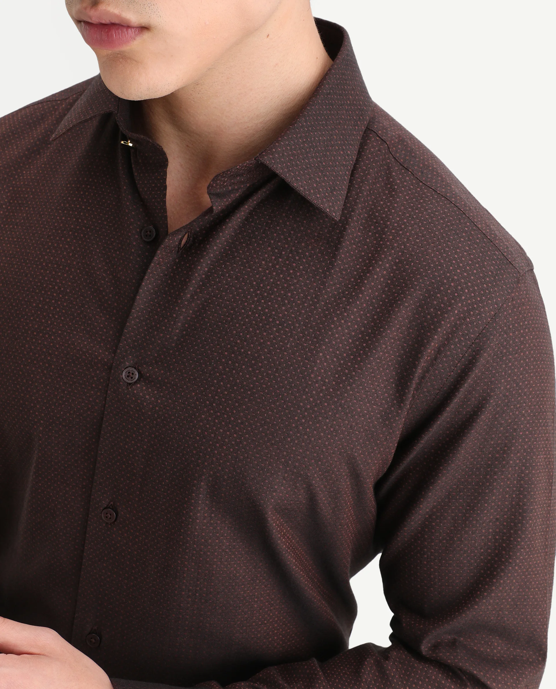 Rare Rabbit Men's Blin Brown Cotton Blend Spread Collar Regular Fit Jacquard Shirt - Image 3