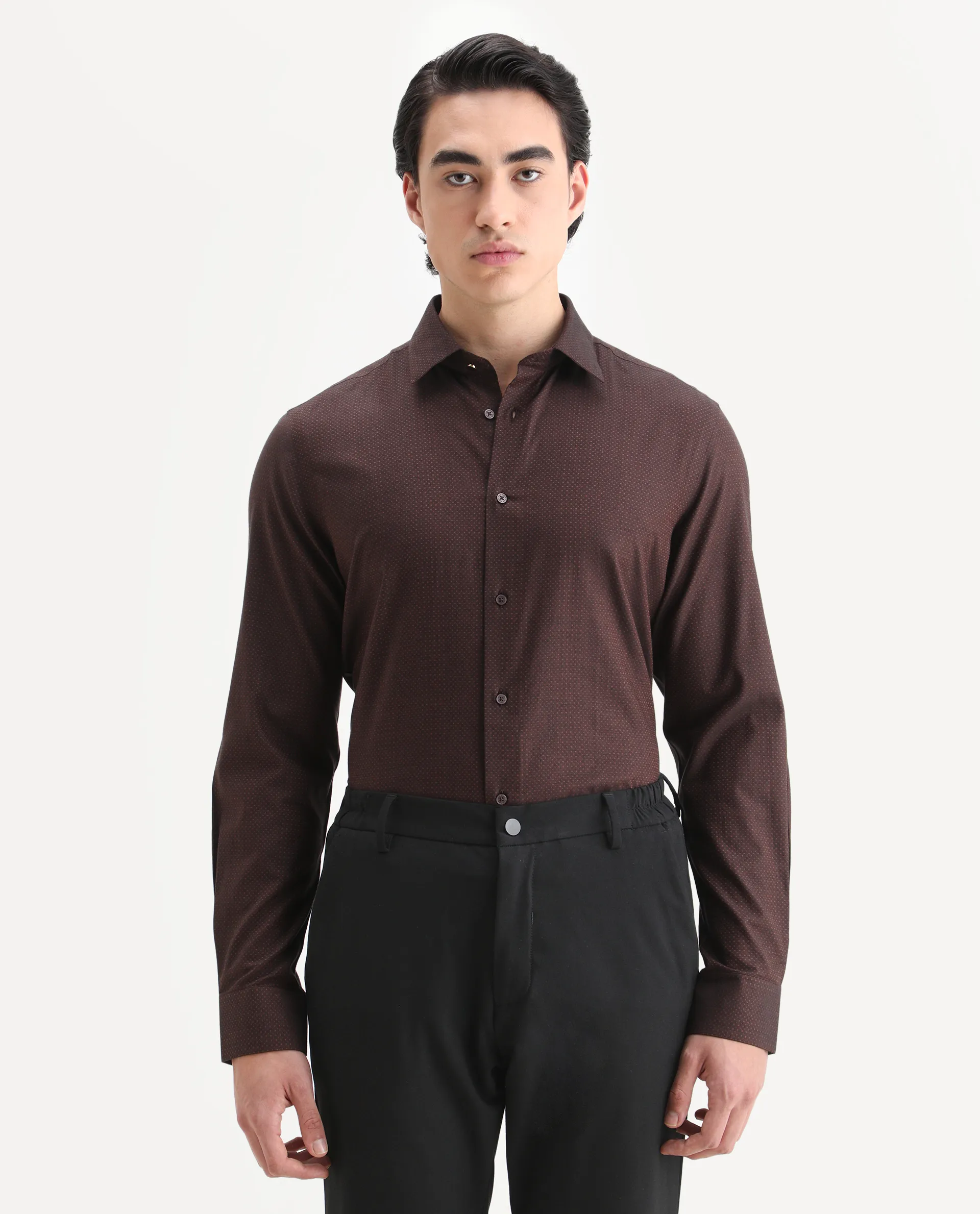 Rare Rabbit Men's Blin Brown Cotton Blend Spread Collar Regular Fit Jacquard Shirt - Image 4
