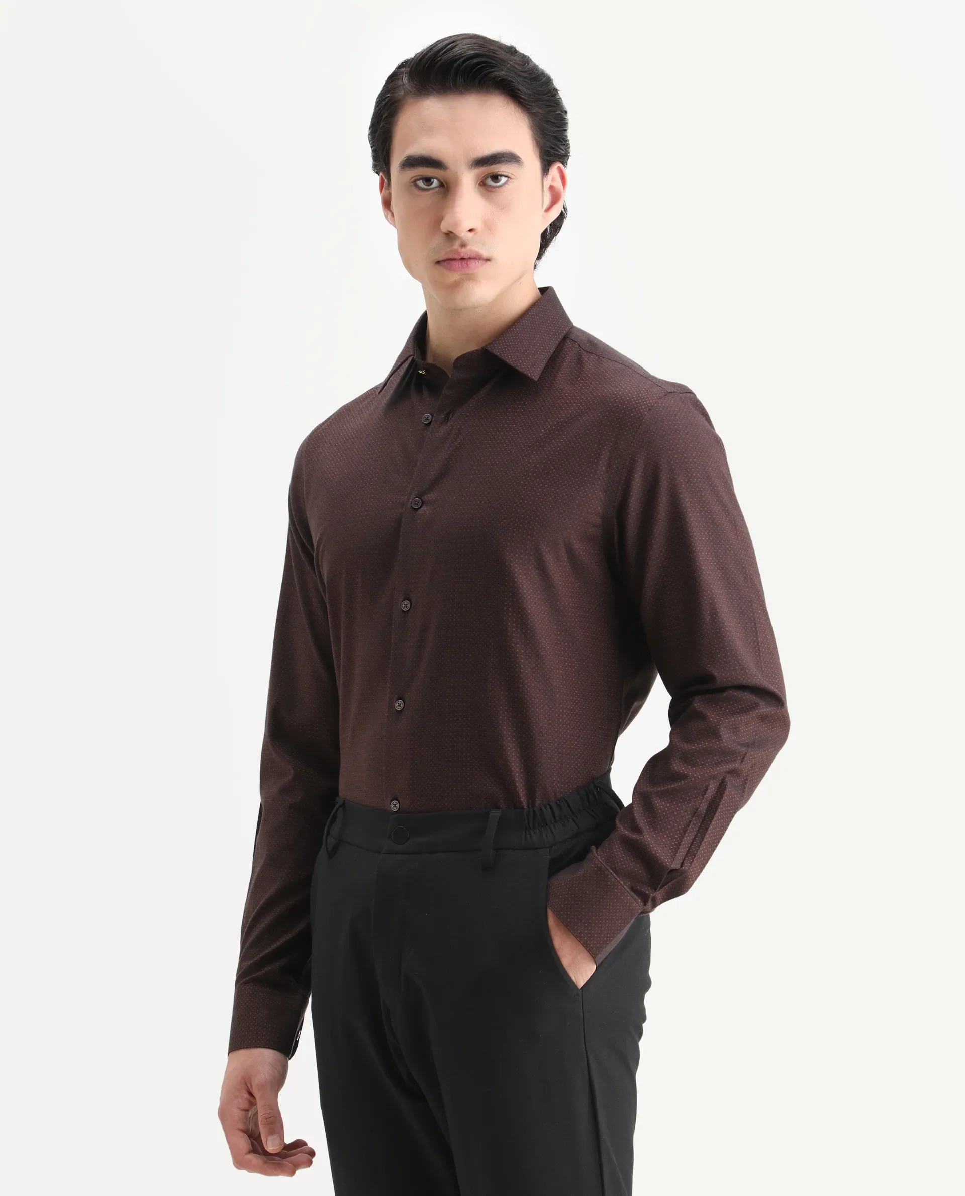 Rare Rabbit Men's Blin Brown Cotton Blend Spread Collar Regular Fit Jacquard Shirt - Image 5