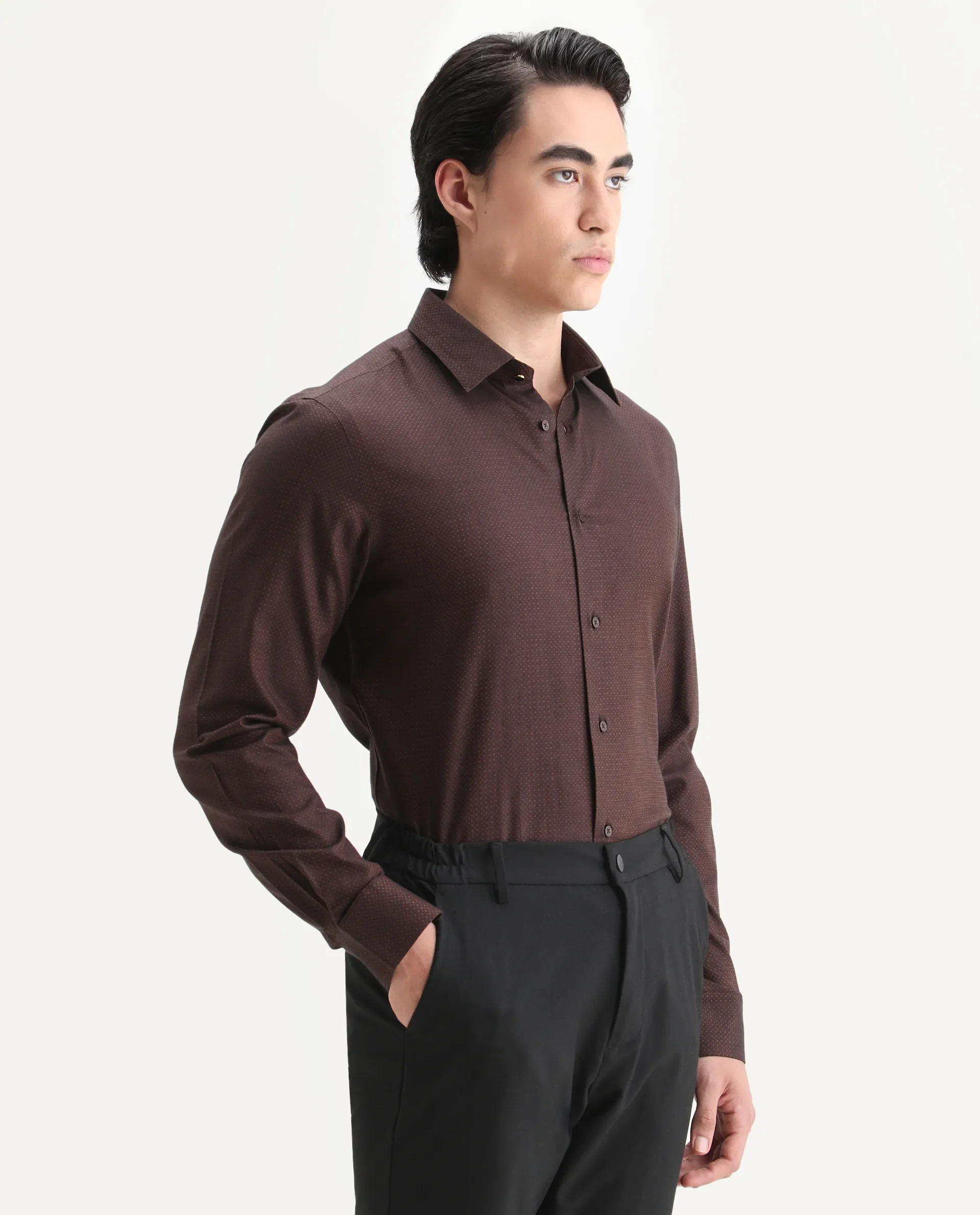Rare Rabbit Men's Blin Brown Cotton Blend Spread Collar Regular Fit Jacquard Shirt - Image 6