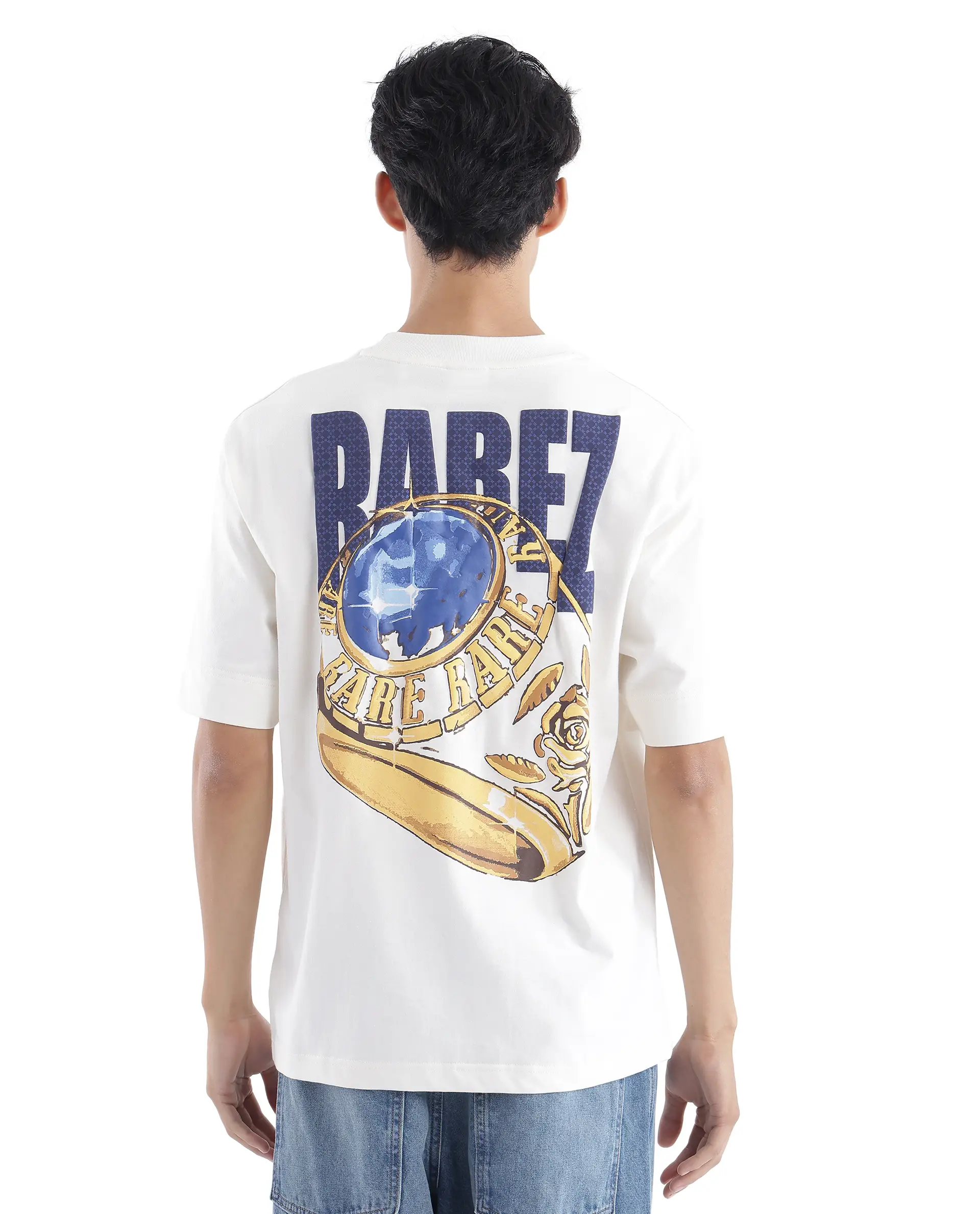 Rare Rabbit Men's Blin Off White Cotton Graphic Print Oversized Fit Half Sleeve Crew Neck T-Shirt - Image 3