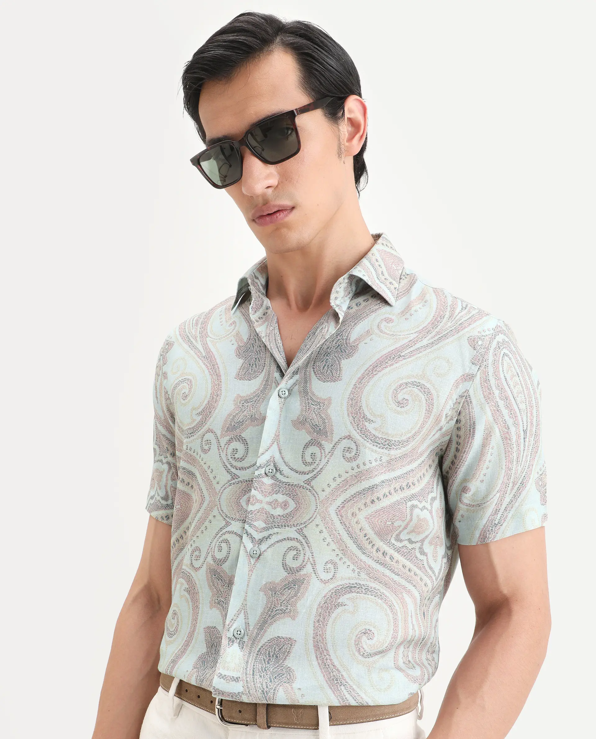 Rare Rabbit Men's Bliq Pastel Blue Linen Blend Fabric Half Sleeve Spread Collar Regular Fit Paisley Print Shirt