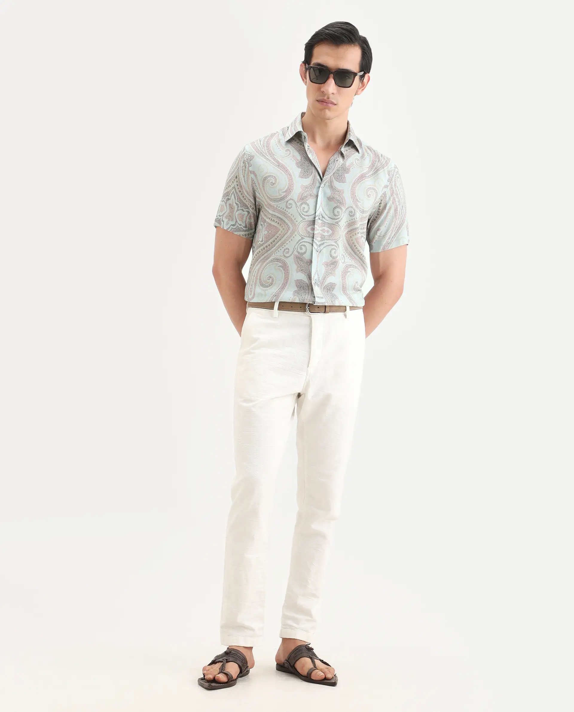 Rare Rabbit Men's Bliq Pastel Blue Linen Blend Fabric Half Sleeve Spread Collar Regular Fit Paisley Print Shirt - Image 2