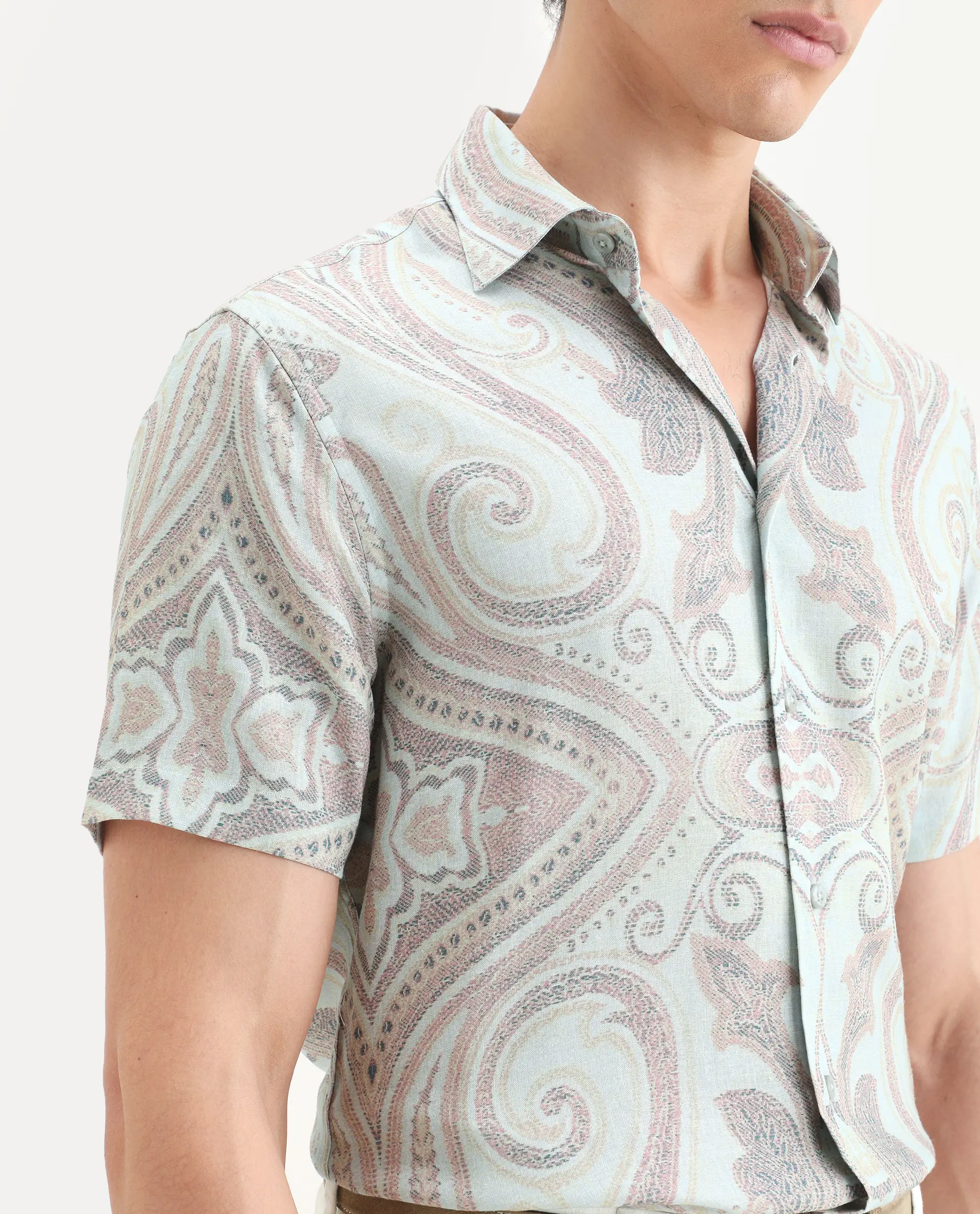 Rare Rabbit Men's Bliq Pastel Blue Linen Blend Fabric Half Sleeve Spread Collar Regular Fit Paisley Print Shirt - Image 3