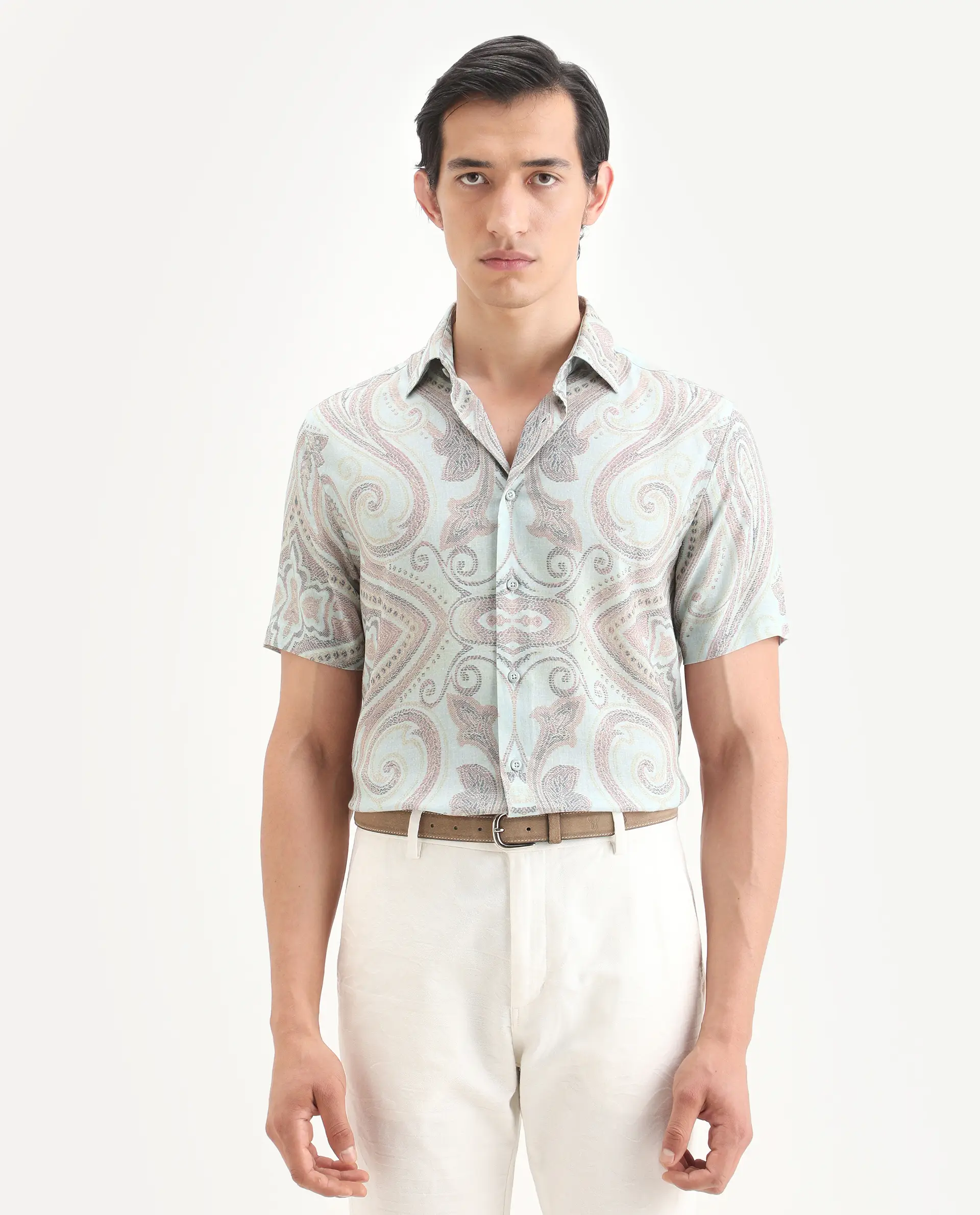 Rare Rabbit Men's Bliq Pastel Blue Linen Blend Fabric Half Sleeve Spread Collar Regular Fit Paisley Print Shirt - Image 4