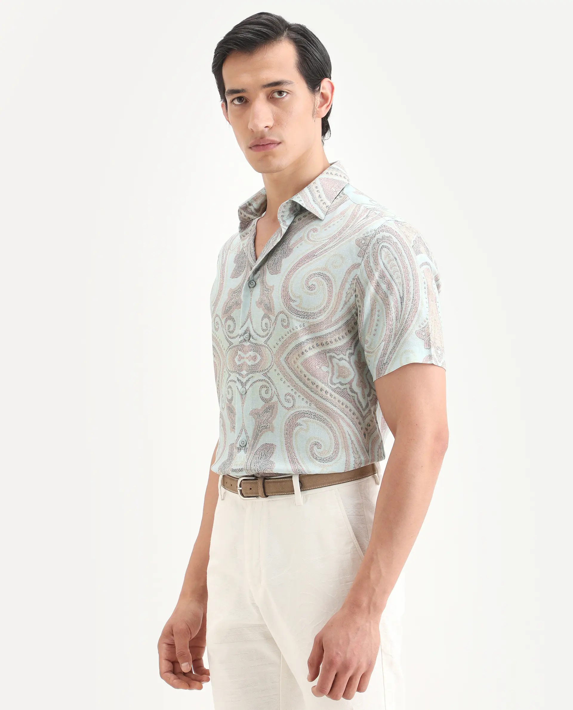 Rare Rabbit Men's Bliq Pastel Blue Linen Blend Fabric Half Sleeve Spread Collar Regular Fit Paisley Print Shirt - Image 5
