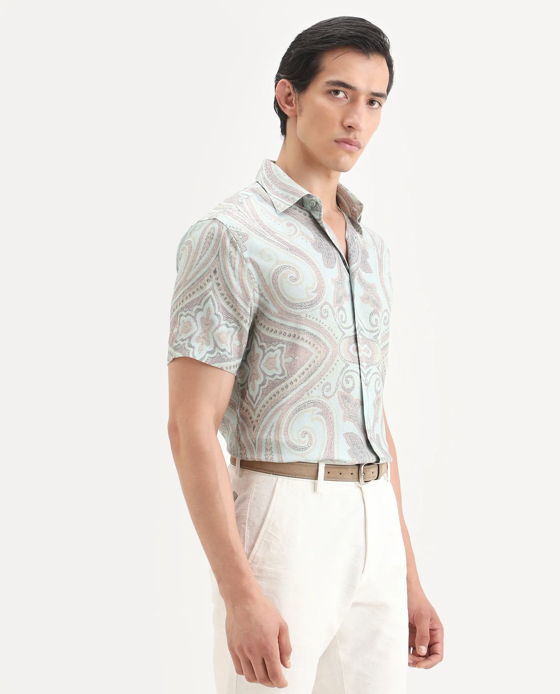 Rare Rabbit Men's Bliq Pastel Blue Linen Blend Fabric Half Sleeve Spread Collar Regular Fit Paisley Print Shirt - Image 6