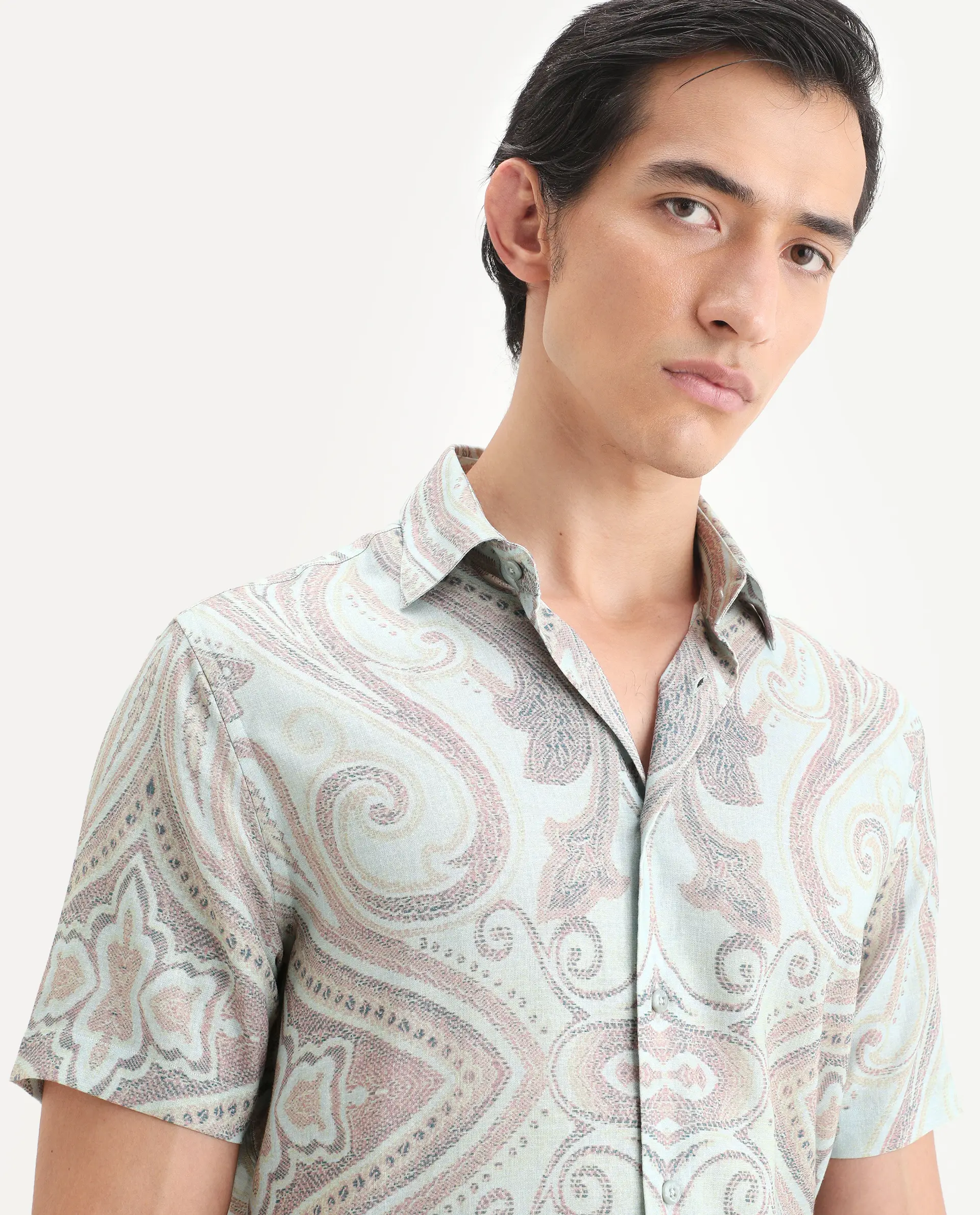 Rare Rabbit Men's Bliq Pastel Blue Linen Blend Fabric Half Sleeve Spread Collar Regular Fit Paisley Print Shirt - Image 7