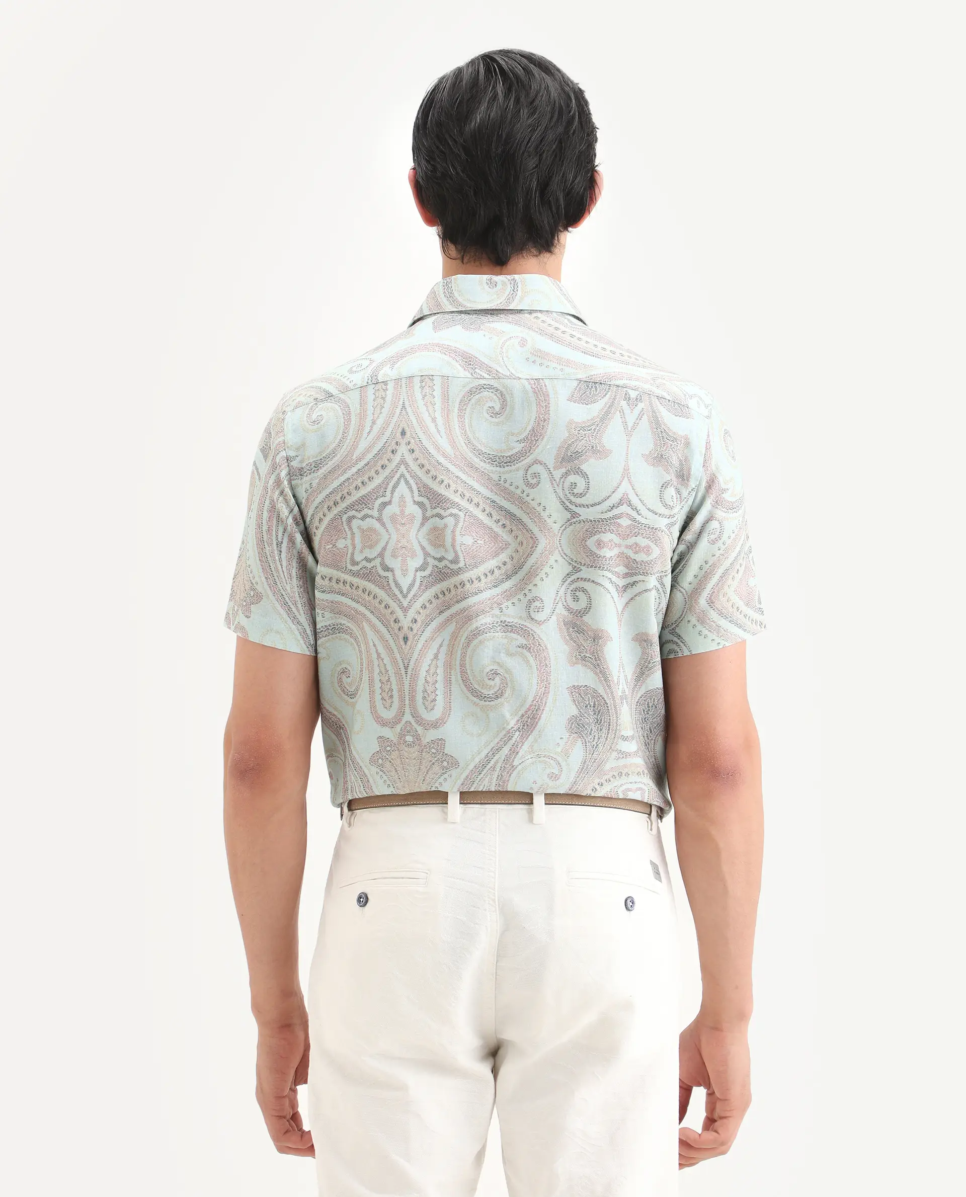 Rare Rabbit Men's Bliq Pastel Blue Linen Blend Fabric Half Sleeve Spread Collar Regular Fit Paisley Print Shirt - Image 8