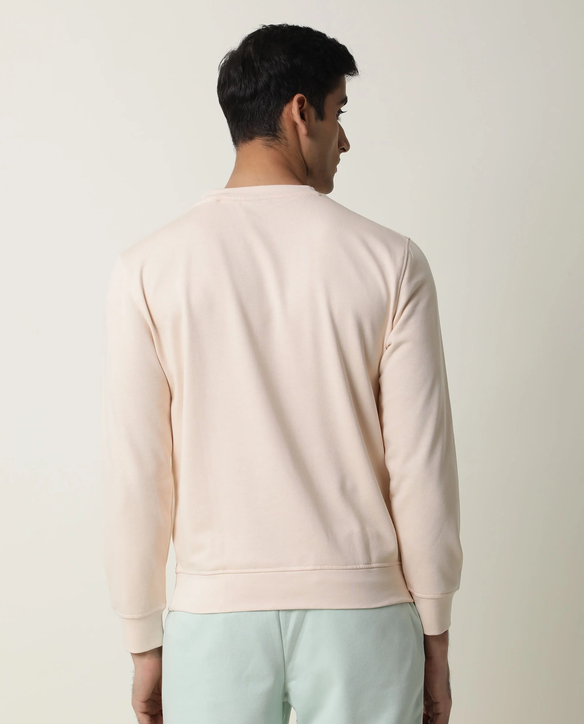 Rare Rabbit Men's Bliss Beige Cotton Plain Slim Fit Full Sleeve Crew Neck Sweatshirt - Image 8